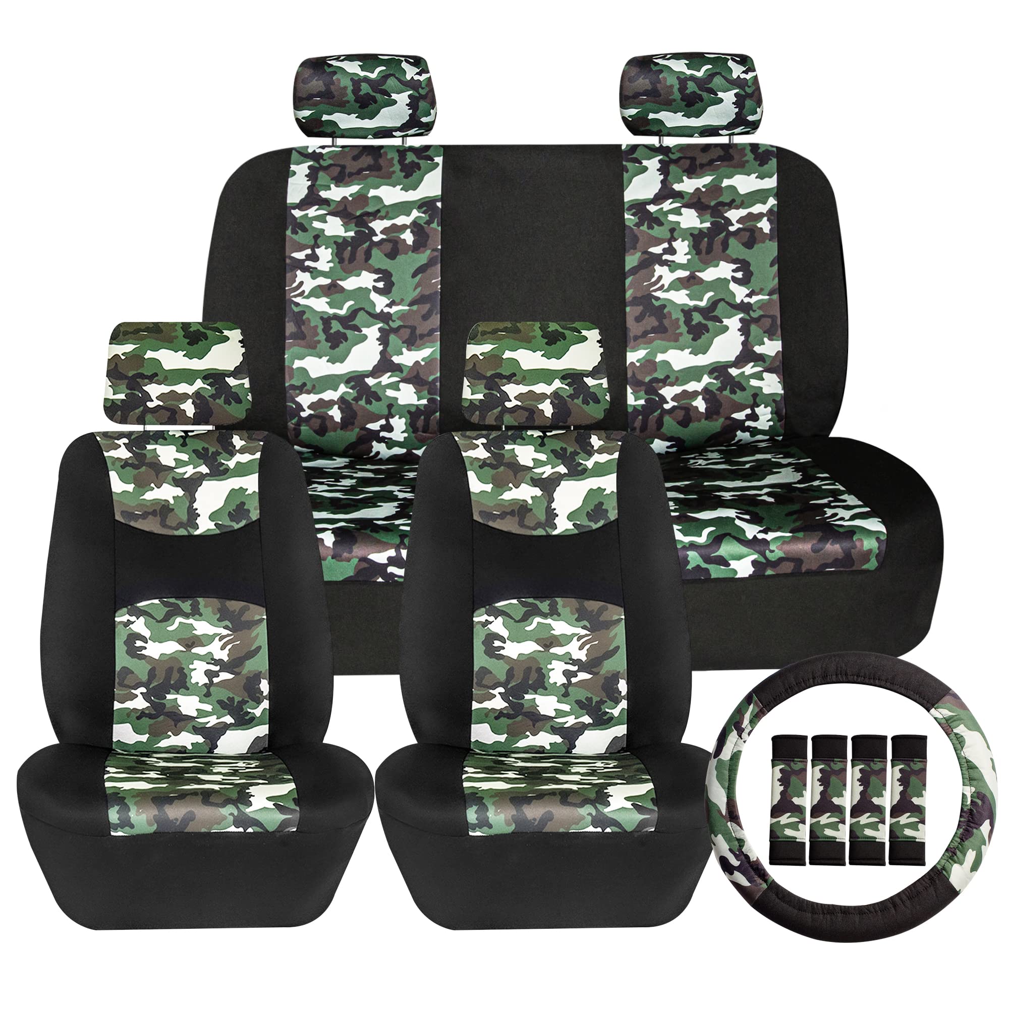 FH Group Full Set Hunting Print Car Seat Covers - Universal Fit for SUV, Sedan, Van | Low Back Front & Solid Back Seat Covers | Washable & Durable | Perfect for Outdoor Adventures, Hunting Trips & Daily Commute