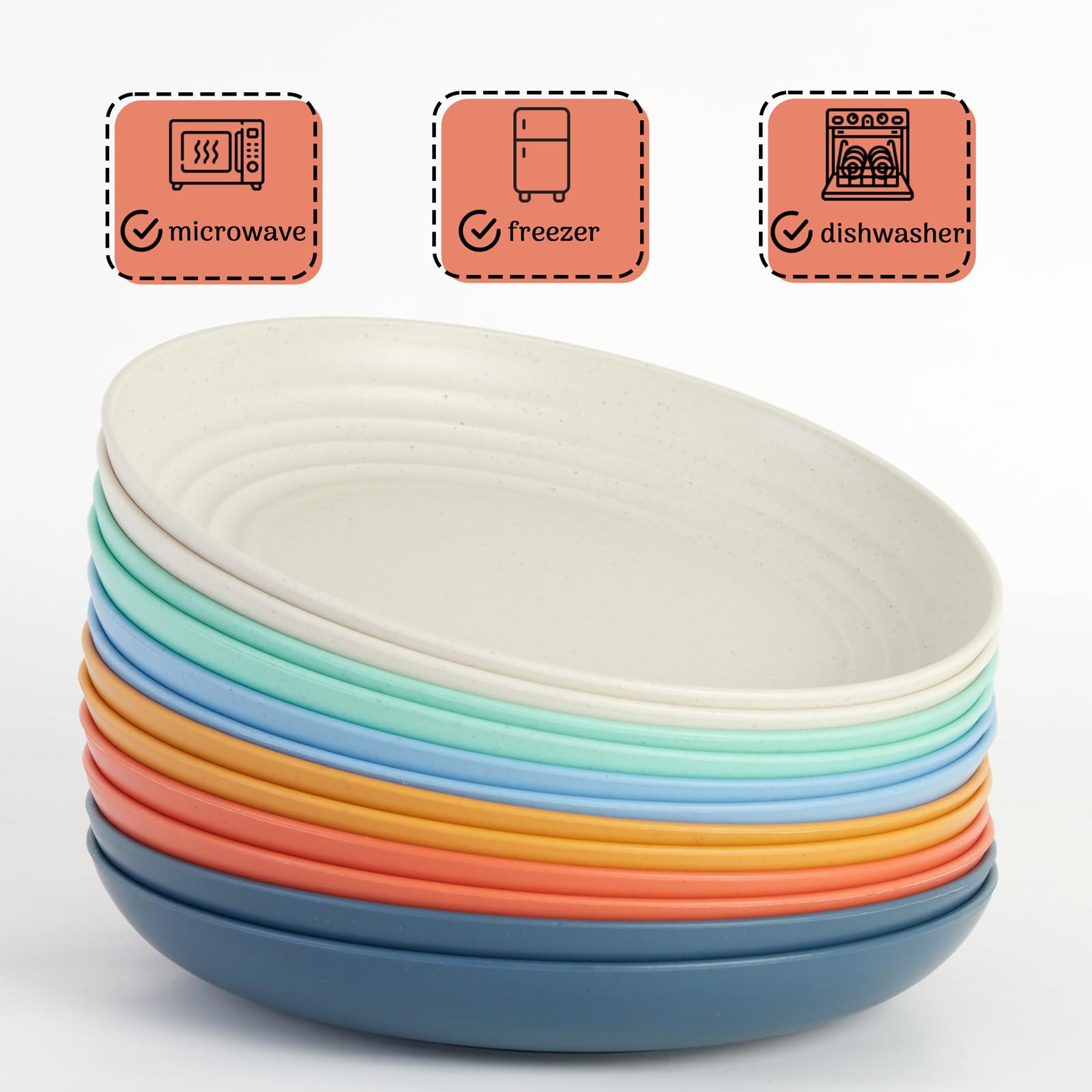 Eco-Friendly Wheat Straw Dinner Plates Set of 12/8 - Unbreakable, Microwave & Dishwasher Safe Plastic Plates - Lightweight Reusable Plates for Kitchen, Camping, Picnics & Daily Use (Dopamine Design, 9 Inch)