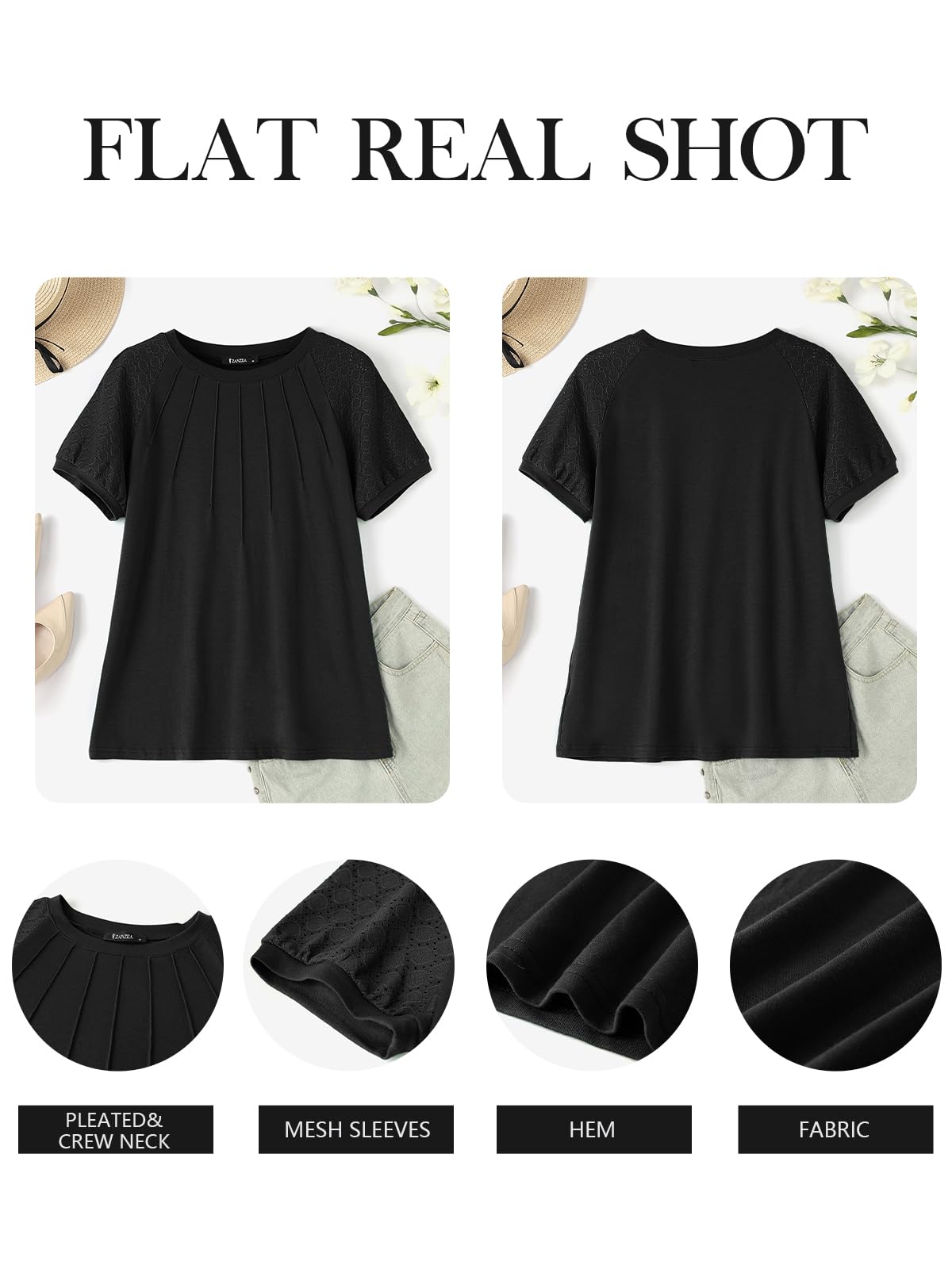 ZANZEA Women's Summer Tops - Puff Sleeve Blouses, Dressy Casual Crew Neck Short Sleeve Shirts, Pleated Tunic Loose T-Shirts for Work, Date & Vacation | Lightweight Comfortable Summer Fashion