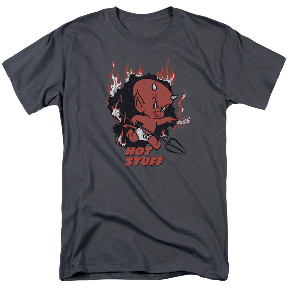Hot Stuff The Little Devil Comic Book Character Singed Logo Adult T-Shirt Gray - Vintage Cartoon Graphic Tee for Men & Women, Casual Wear & Comic Con Costume
