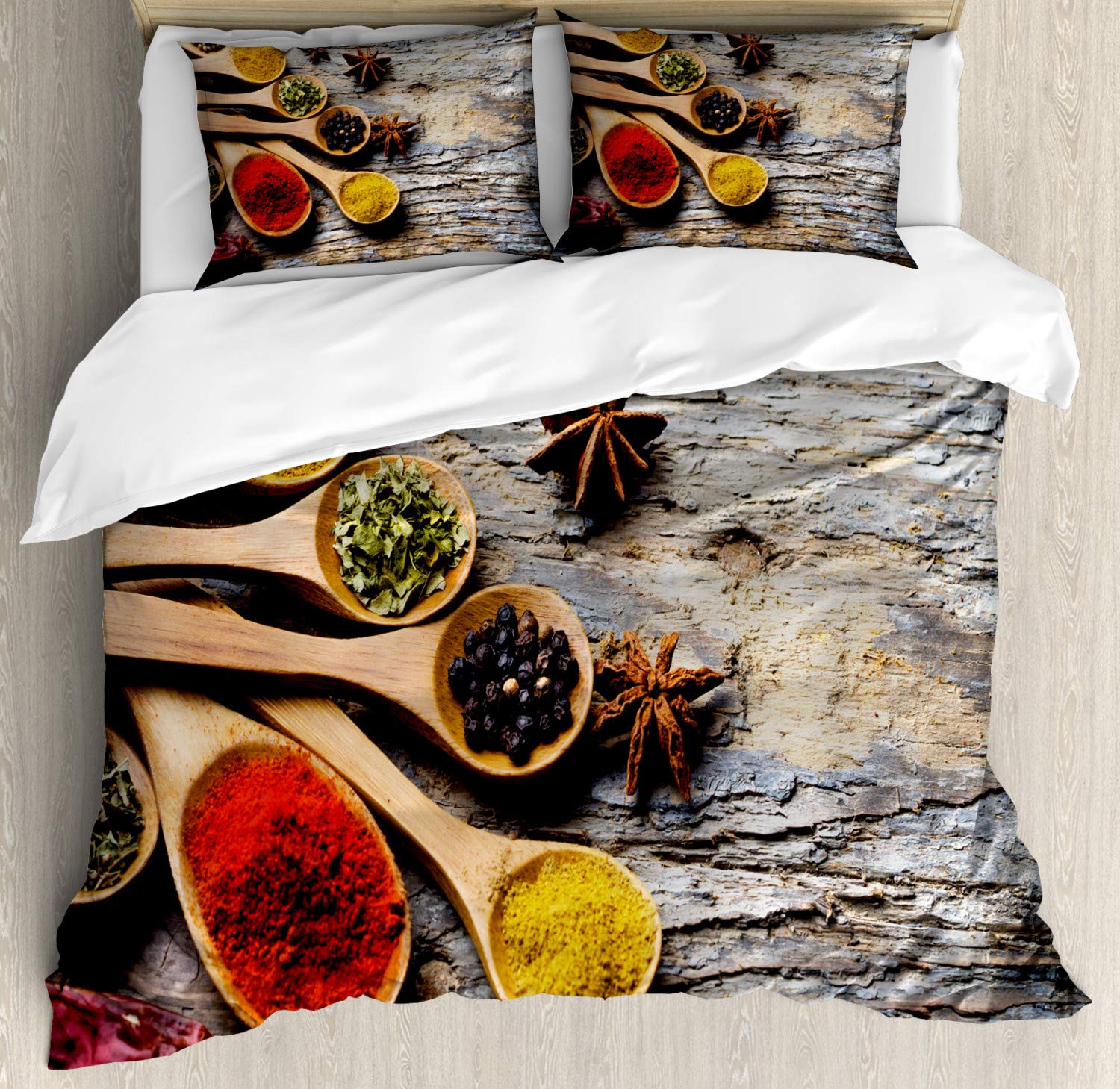Ambesonne Spice Duvet Cover Set - Vibrant Oriental Scenery with Chili Pepper & Curry Powder Design, 3-Piece King Size Bedding Set with 2 Pillow Shams | Perfect for Bohemian & Ethnic Home Decor, Spice-Themed Bedrooms