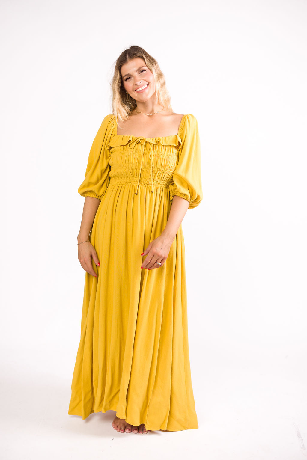Devon Smocked Maternity Maxi Dress in Mustard Yellow - Bump Friendly Flowy Summer Dress for Pregnancy, Beach & Special Occasions