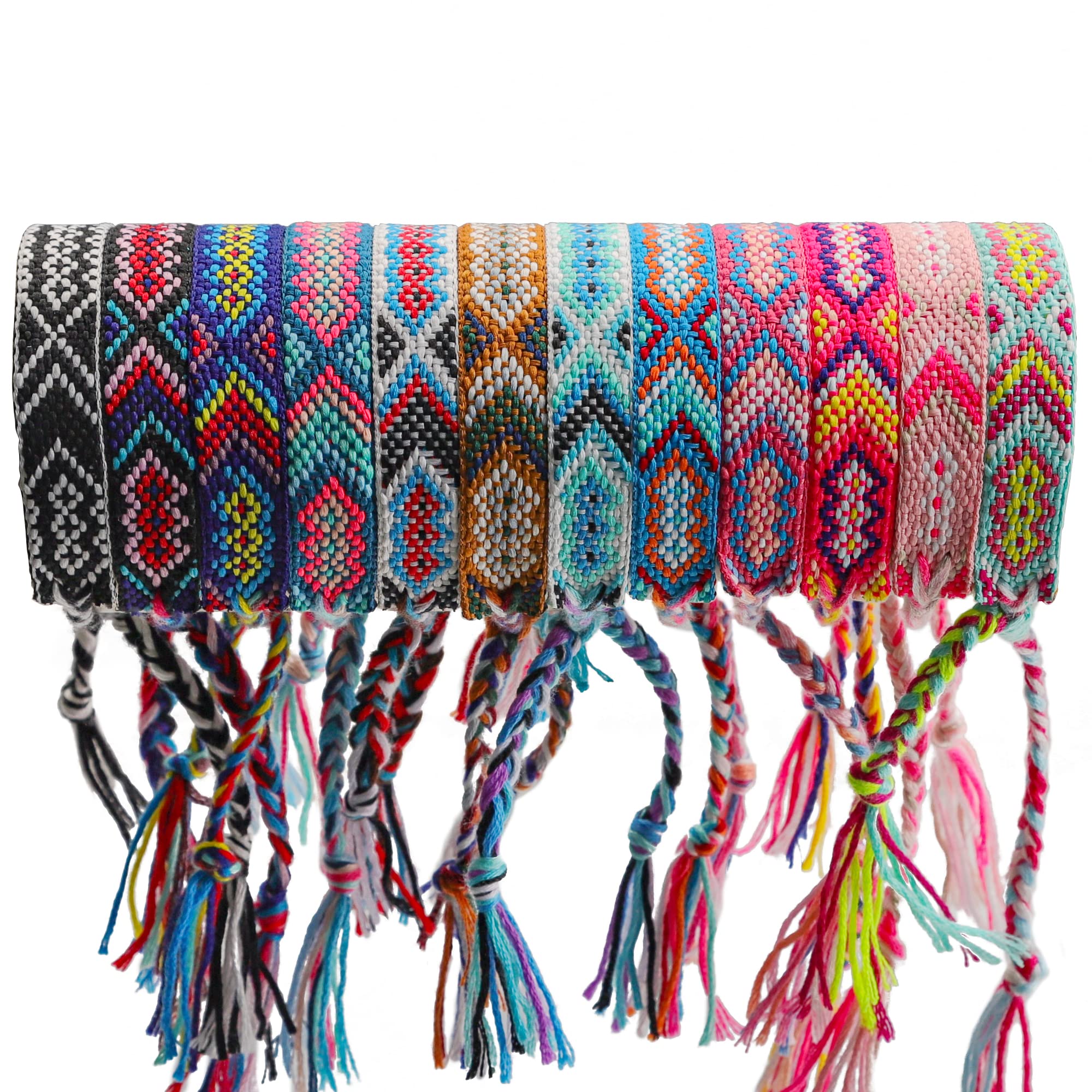 Andblue 12 Pcs Handmade Nepal Woven Friendship Bracelets - Adjustable Braided String Bracelets for Women & Girls - Bulk Pack for Gifts, Parties, Festivals & Everyday Wear