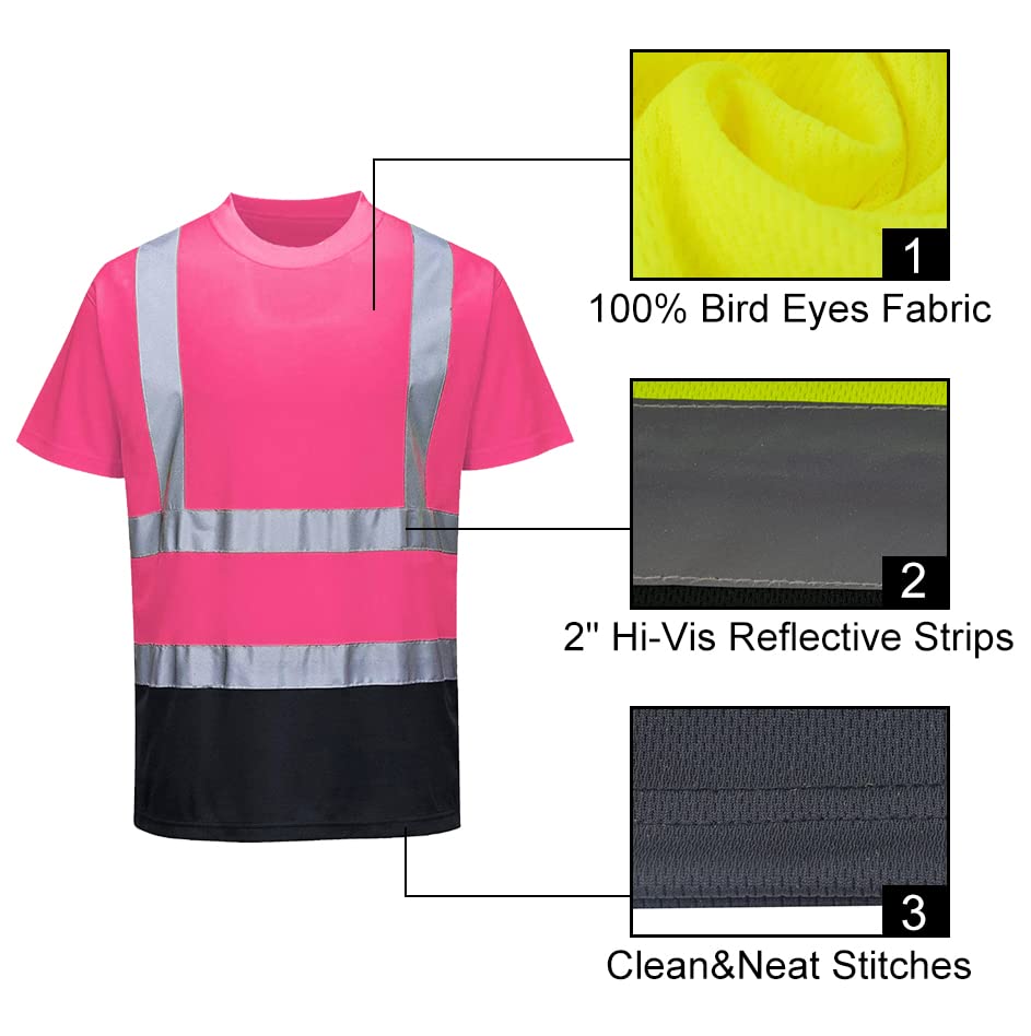 High Visibility Reflective T-Shirts for Men & Women - Safety Short Sleeve Work Shirts with Black Bottom - Ideal for Construction, Road Work, Night Running & Cycling Safety Gear