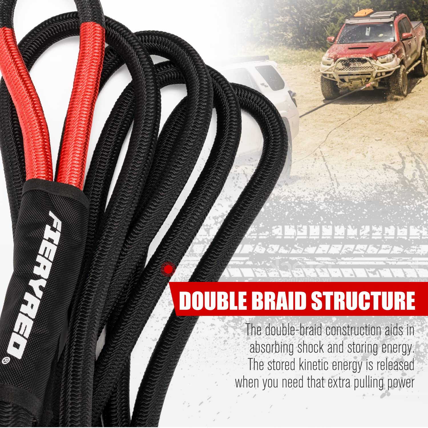 FieryRed 30FT 7/8 Inch Kinetic Energy Recovery Rope - Heavy Duty Snatch Strap with Reinforced Loops & Protective Sleeve for Off-Road Recovery | Ideal for 4x4, ATV, UTV, Pickup Trucks & Emergency Towing | Includes Durable Tote Bag for Storage & Transport