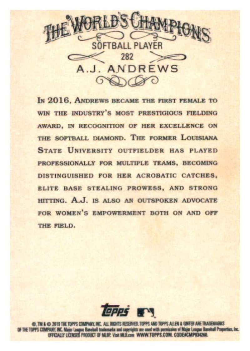 2019 Topps Allen & Ginter #282 A.J. Andrews Softball Player Baseball Card - Rare Collectible Sports Memorabilia for Trading Card Enthusiasts & Gift for Baseball Fans