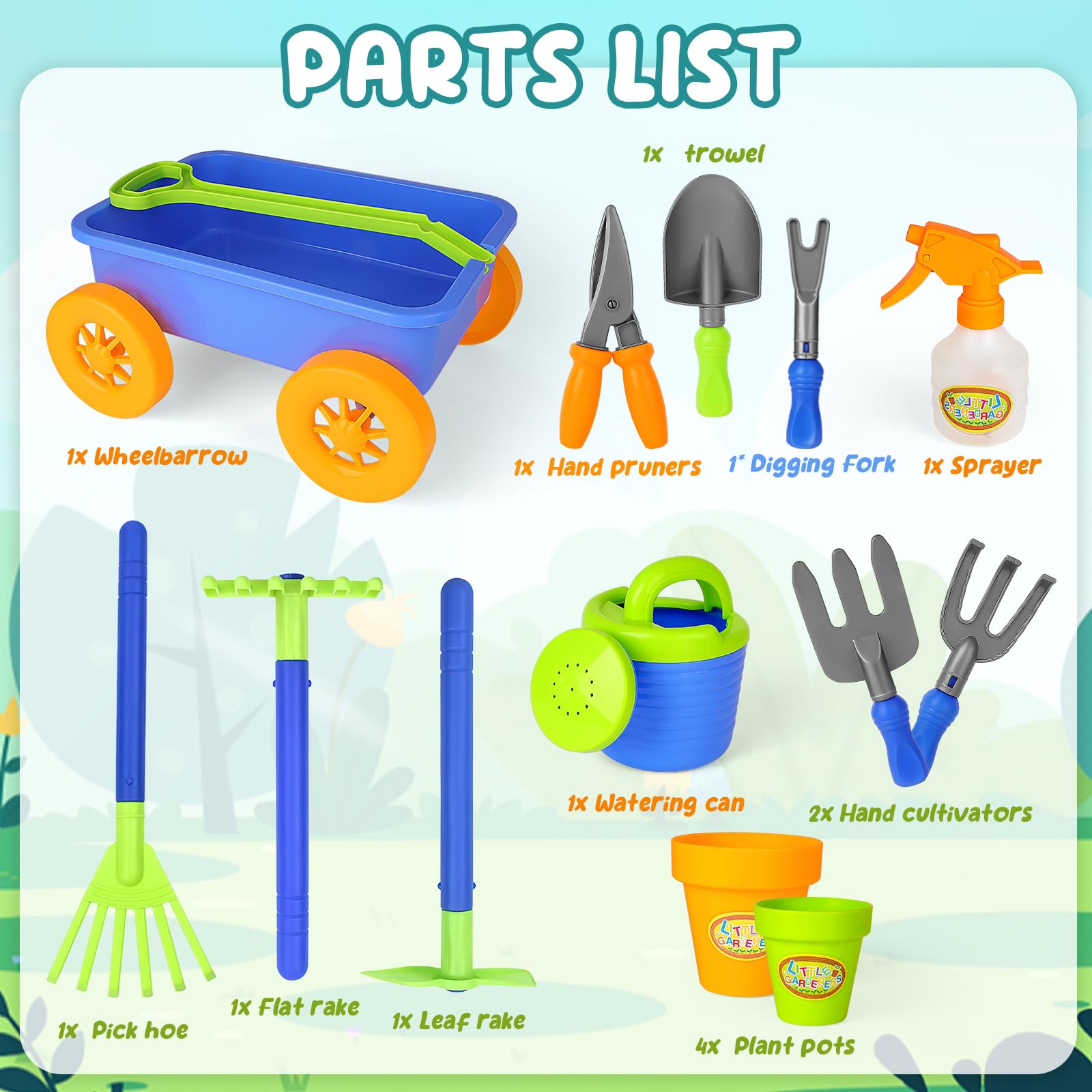 deAO Kids Garden Wagon Wheelbarrow with 10-Piece Gardening Tools & 4 Plant Pots - Outdoor Toddler Toy Set for Pretend Play & Early STEM Learning | Perfect for Backyard Fun, Sandbox Activities & Preschool Gardening Education
