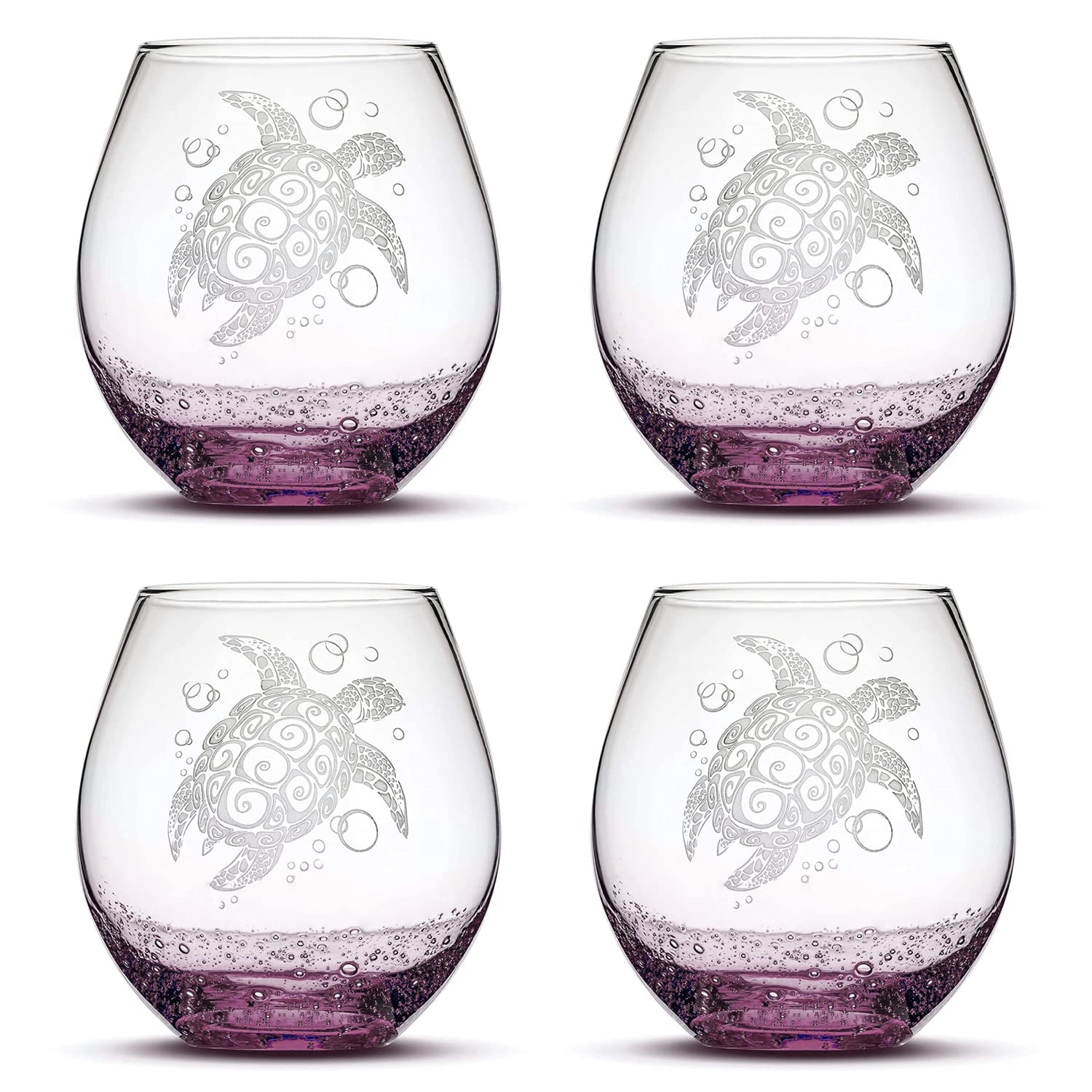 Handblown Tribal Sea Turtle Stemless Wine Glasses Set of 4 - 18oz Sand Carved Bubbly Purple - Handmade Hand Etched Glassware for Wine Lovers, Perfect for Beach Parties, Tropical Themed Events & Unique Gift Giving