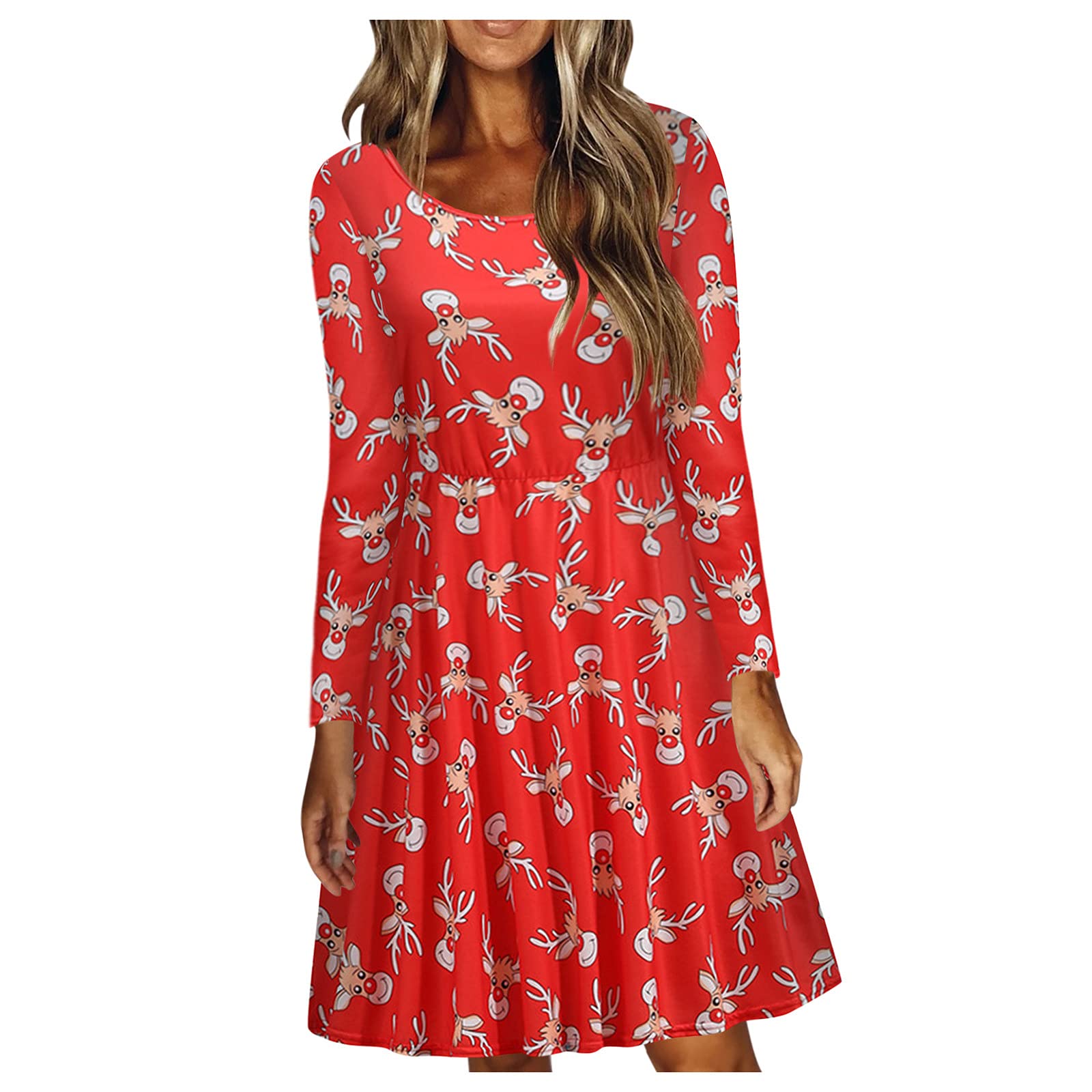 Women's Summer Casual Long Sleeve Printed Dress - Elegant Round Neck Christmas Party Dress for Ladies - Perfect for Holiday Gatherings, Office Wear & Special Occasions