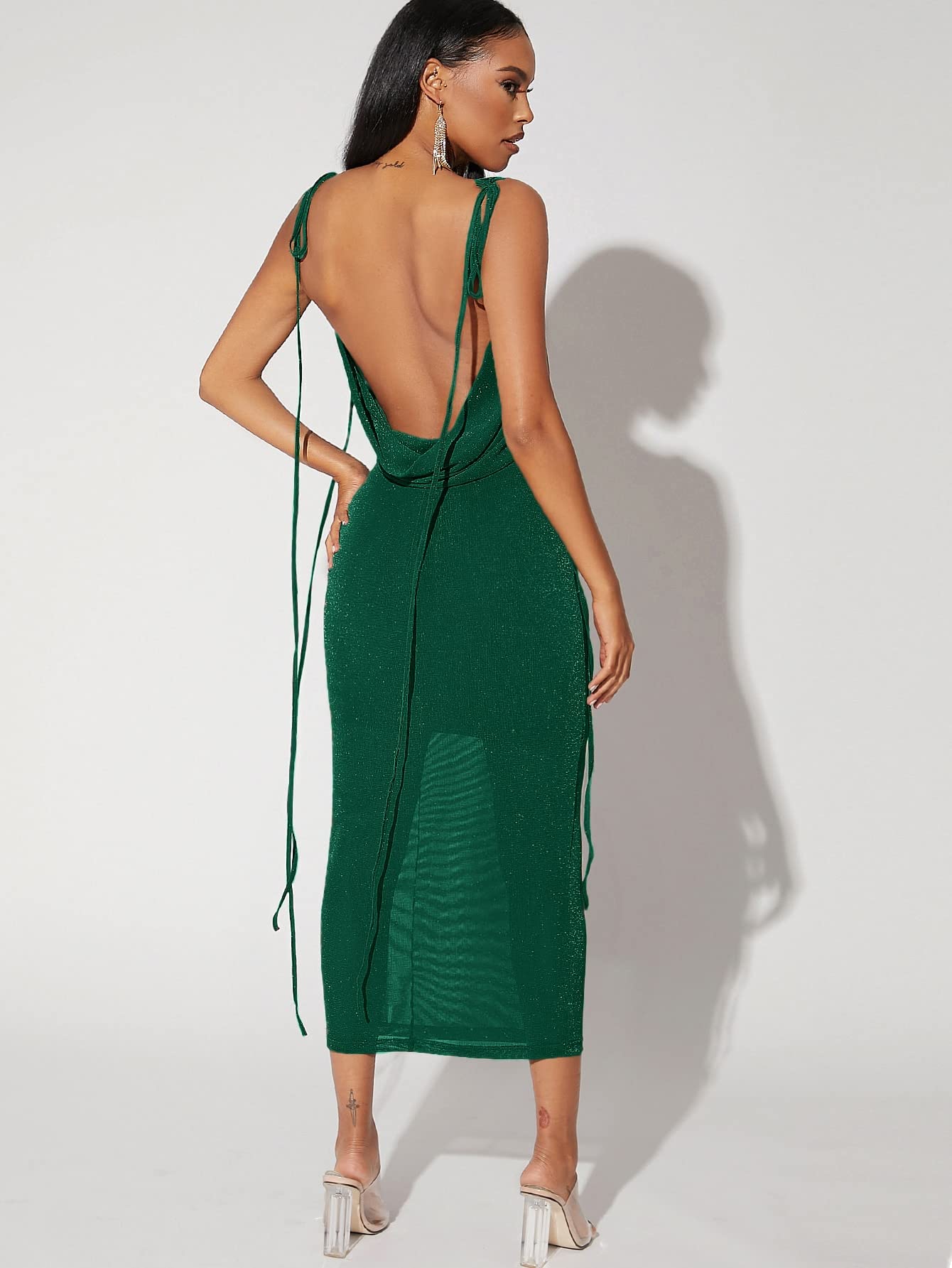 2022 Women's Summer Glitter Backless Tied Shoulder Dress - Dark Green, Size M | Perfect for Beach Parties, Date Nights & Special Occasions