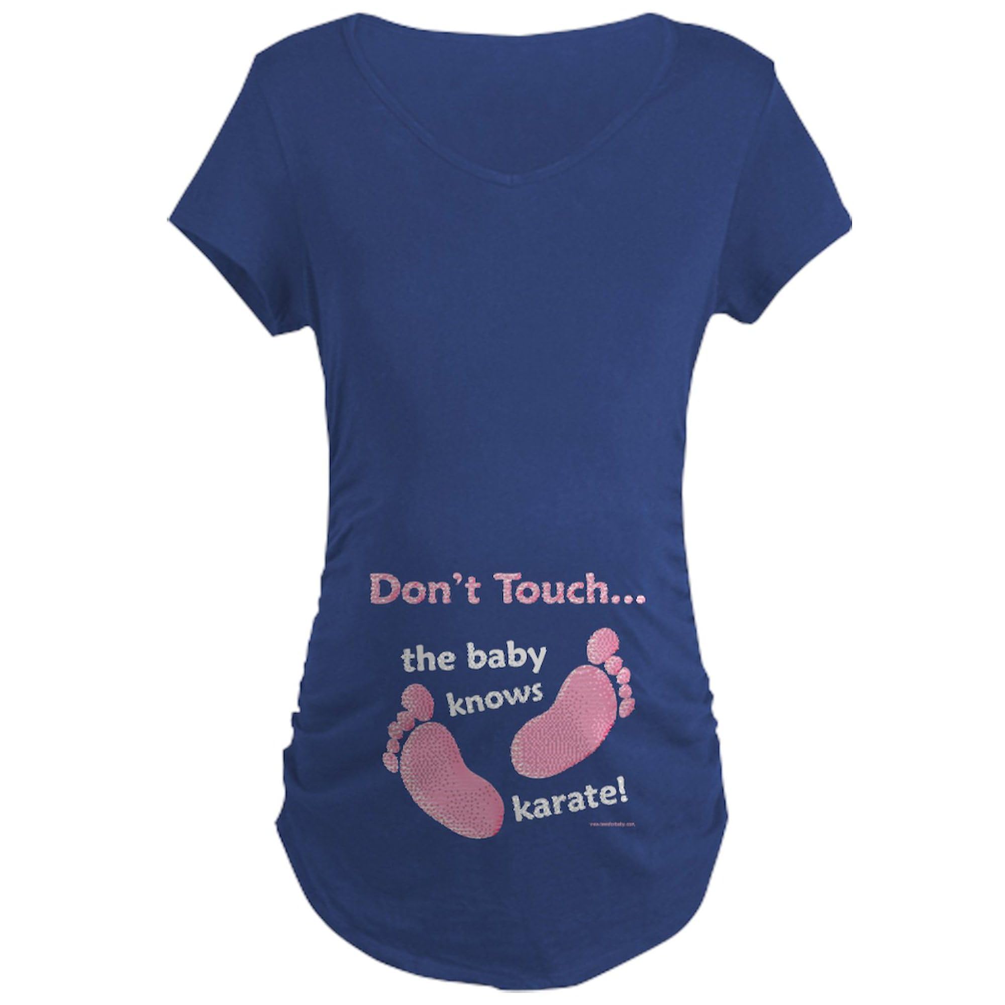 Funny Maternity T-Shirt for Women - 'Don't Touch Baby Knows Karate' Humorous Pregnancy Shirt with Ruched Sides | Perfect for Baby Showers, Pregnancy Announcements & Mom-to-Be Gifts