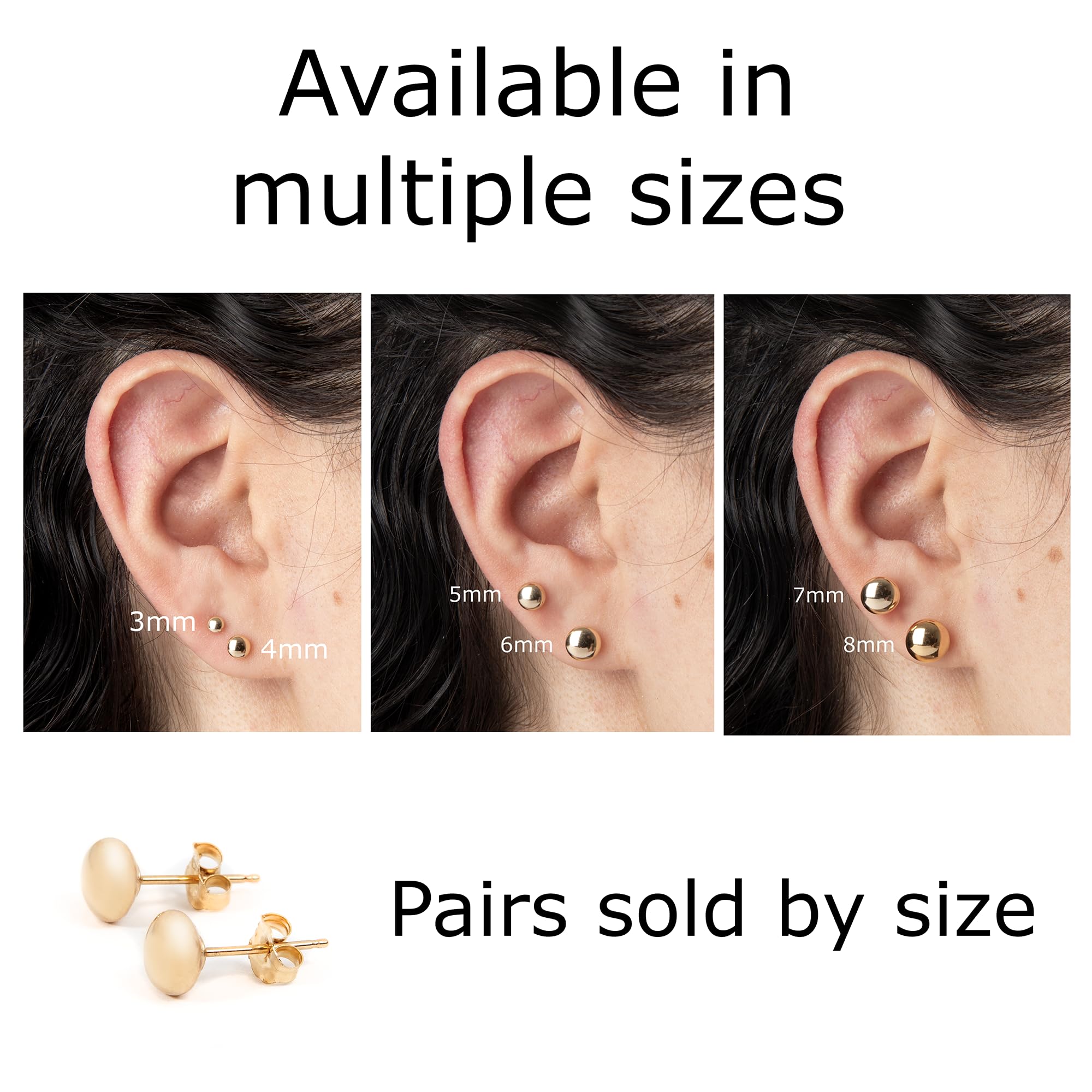 14K Gold Stud Earrings for Women - Butterfly Back Ball Earrings in 3/4/5/6/7/8mm Sizes | Elegant Anniversary, Valentine's Day & Birthday Gift for Her | Perfect for Everyday Wear, Date Nights & Special Occasions
