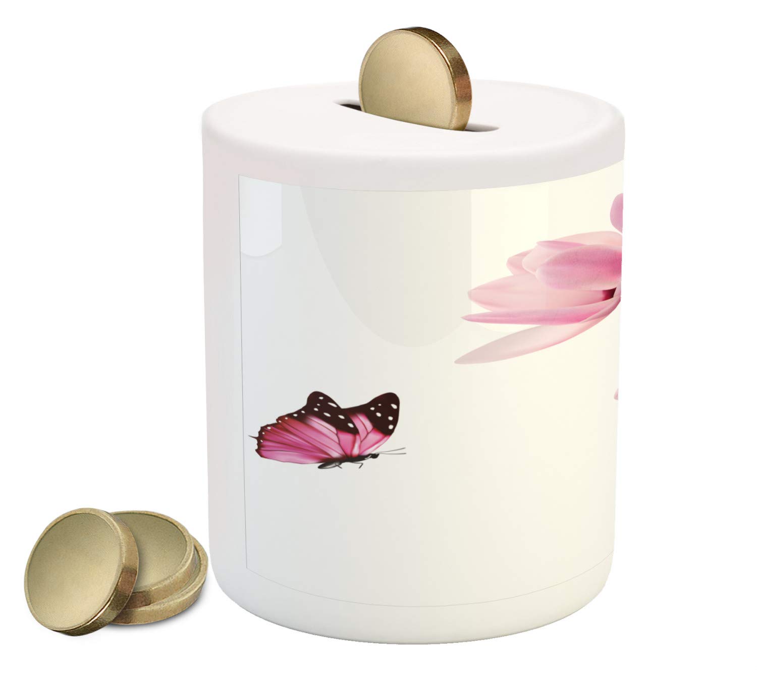 Ambesonne Ceramic Piggy Bank with Pink Flower & Butterfly Design - Money Saving Coin Bank for Cash, Gifts, Home Decor - Perfect for Kids, Teens, Spring Decorations & Birthday Presents
