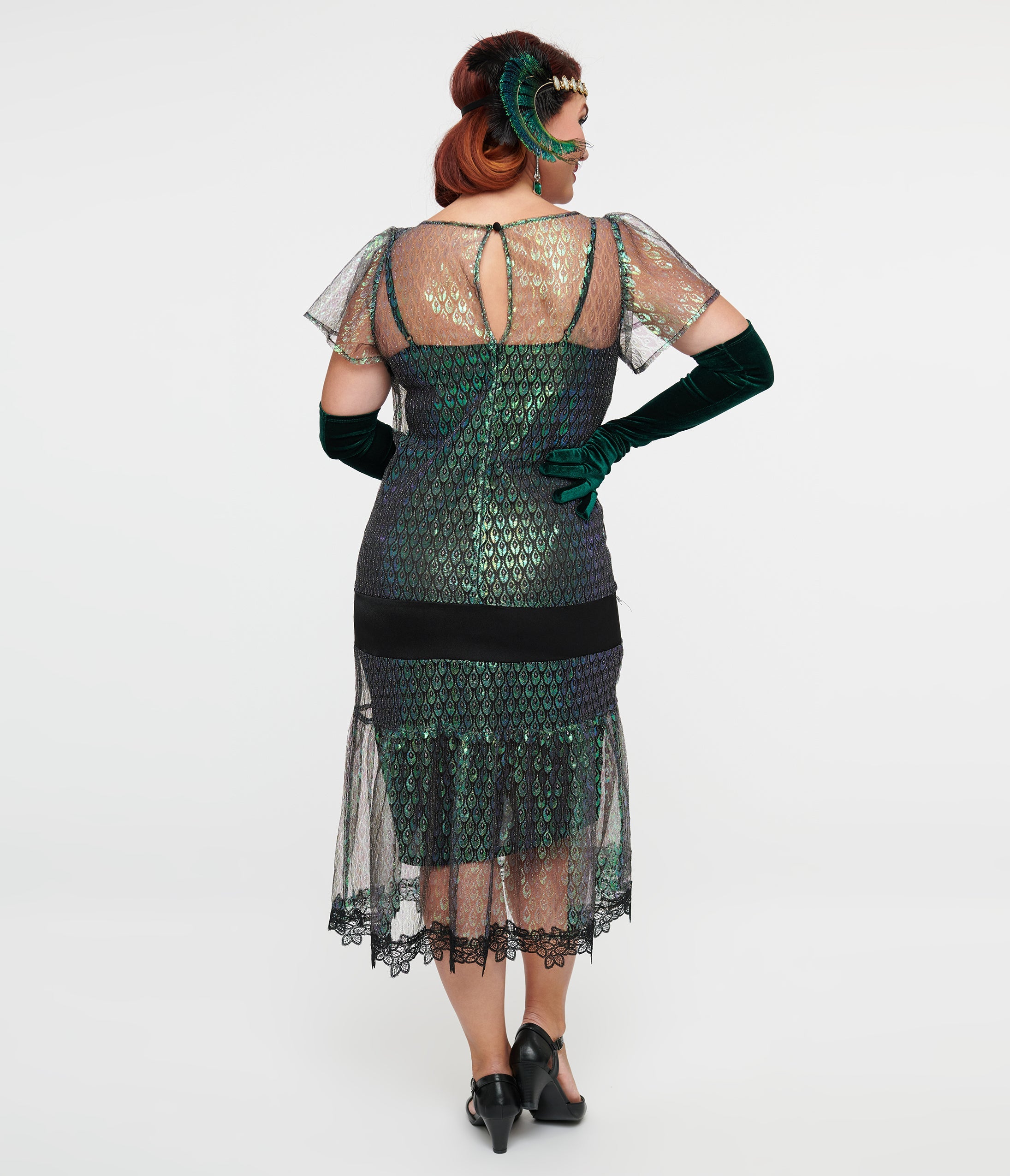 Vintage 1920s Iridescent Peacock Flapper Dress with Black Bow - Roaring 20s Gatsby Party Costume, Halloween Outfit & Burlesque Show Attire