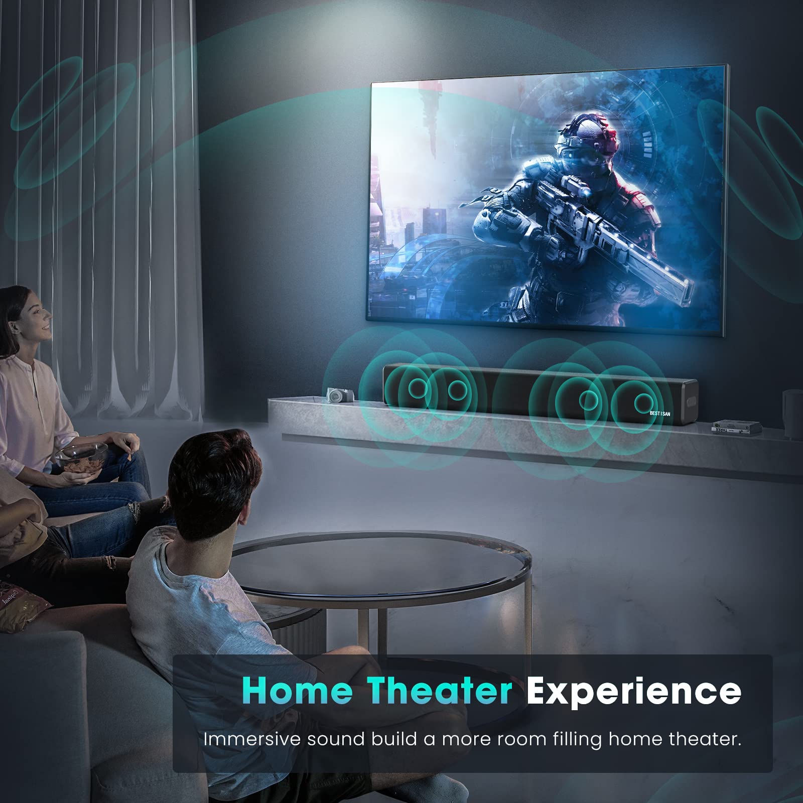 Bestisan 100W 32-Inch 2.1 Channel Bluetooth 5.0 Soundbar with Built-in Dual Subwoofer - HDMI ARC, 3 Audio Modes (Movie/Music/Dialog) - Enhanced TV Audio for Home Theater, Gaming & Streaming (2022 Model)