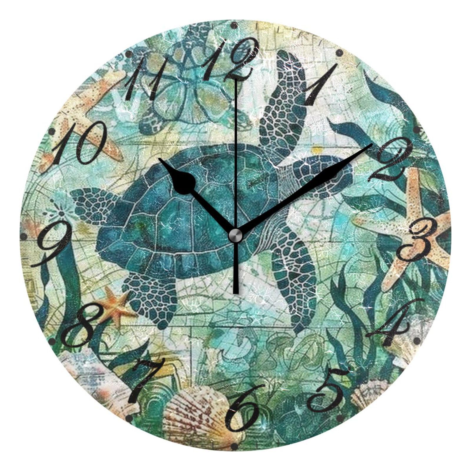Vintage Turtle Starfish World Map Wall Clock - 10 Inch Silent Non-Ticking Round Quartz Analog Clock with Battery - Perfect for Beach, Bedroom, Living Room & Kids Room Decor | Coastal Home Decor & Unique Gift Idea