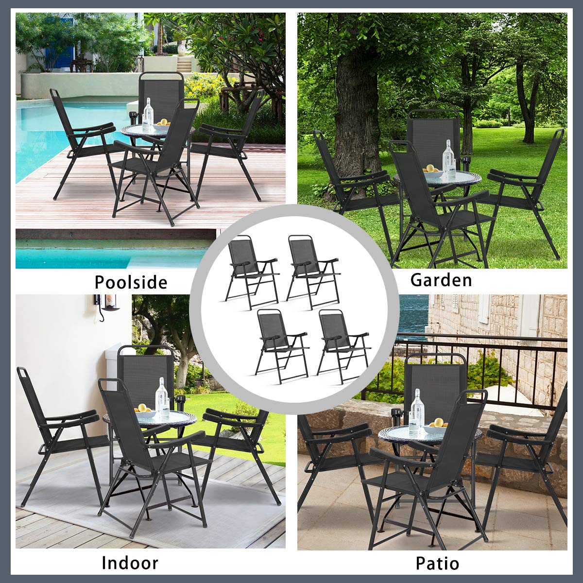 Casart 4-Pack Folding Sling Chairs with Armrests - Lightweight Portable Outdoor Patio Chairs for Camping, Beach, Picnics, and Backyard Relaxation