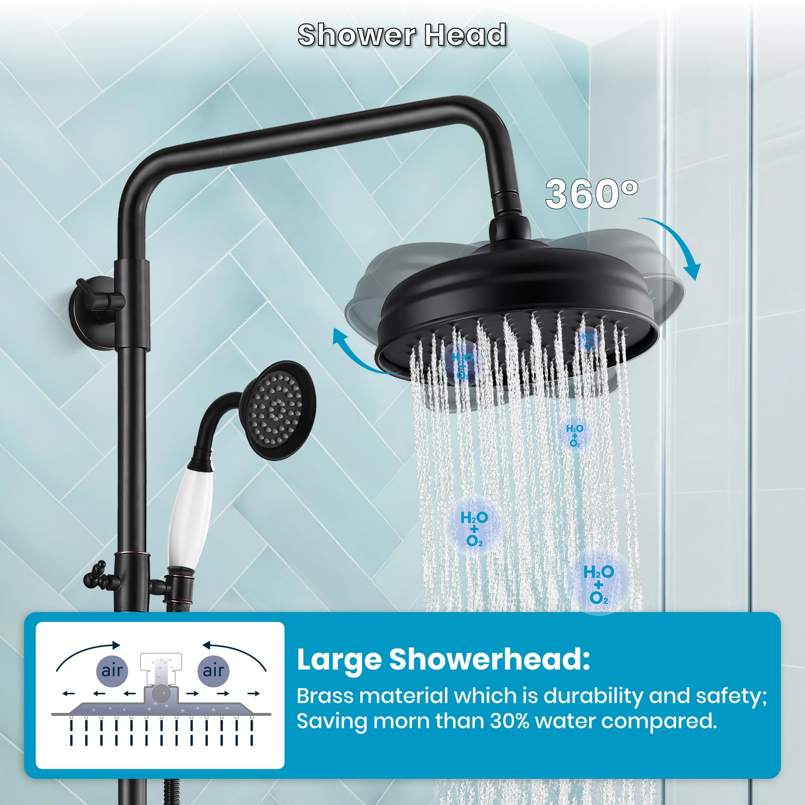 Luxury Exposed Shower Faucet Set - 8 Inch Wall Mount Rainfall Shower Head with Handheld Spray & Cross Double Handle - Oil Rubbed Bronze Finish - Adjustable Straight Rod - Perfect for Modern Bathroom Renovation & Spa-Like Shower Experience