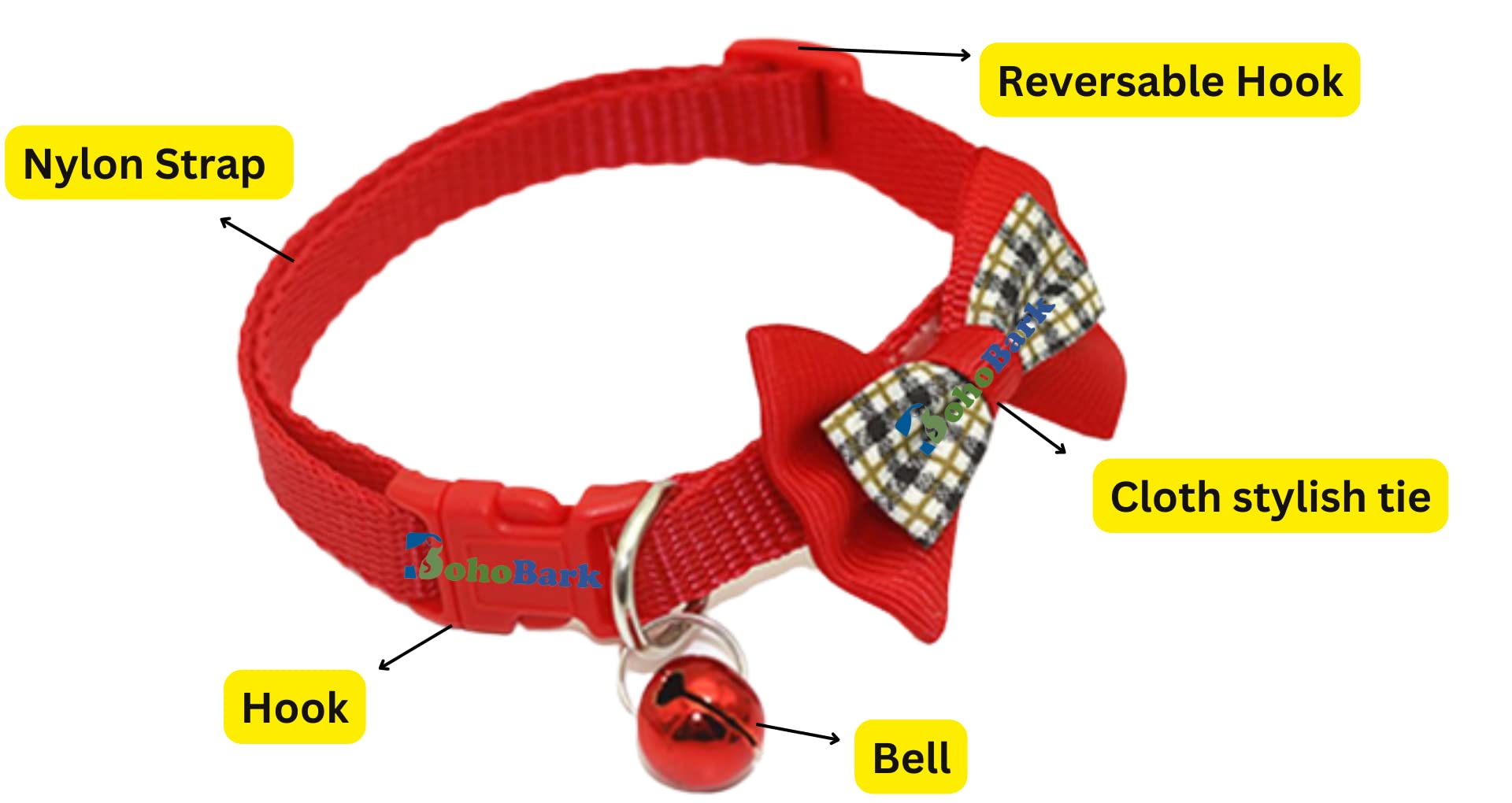BohoBark Adjustable Cat & Dog Collar with Safety Buckle - Fashion Checkered Bow & Bell - Pack of 1 (Red) | Perfect for Small Pets, Daily Walks & Stylish Pet Accessories
