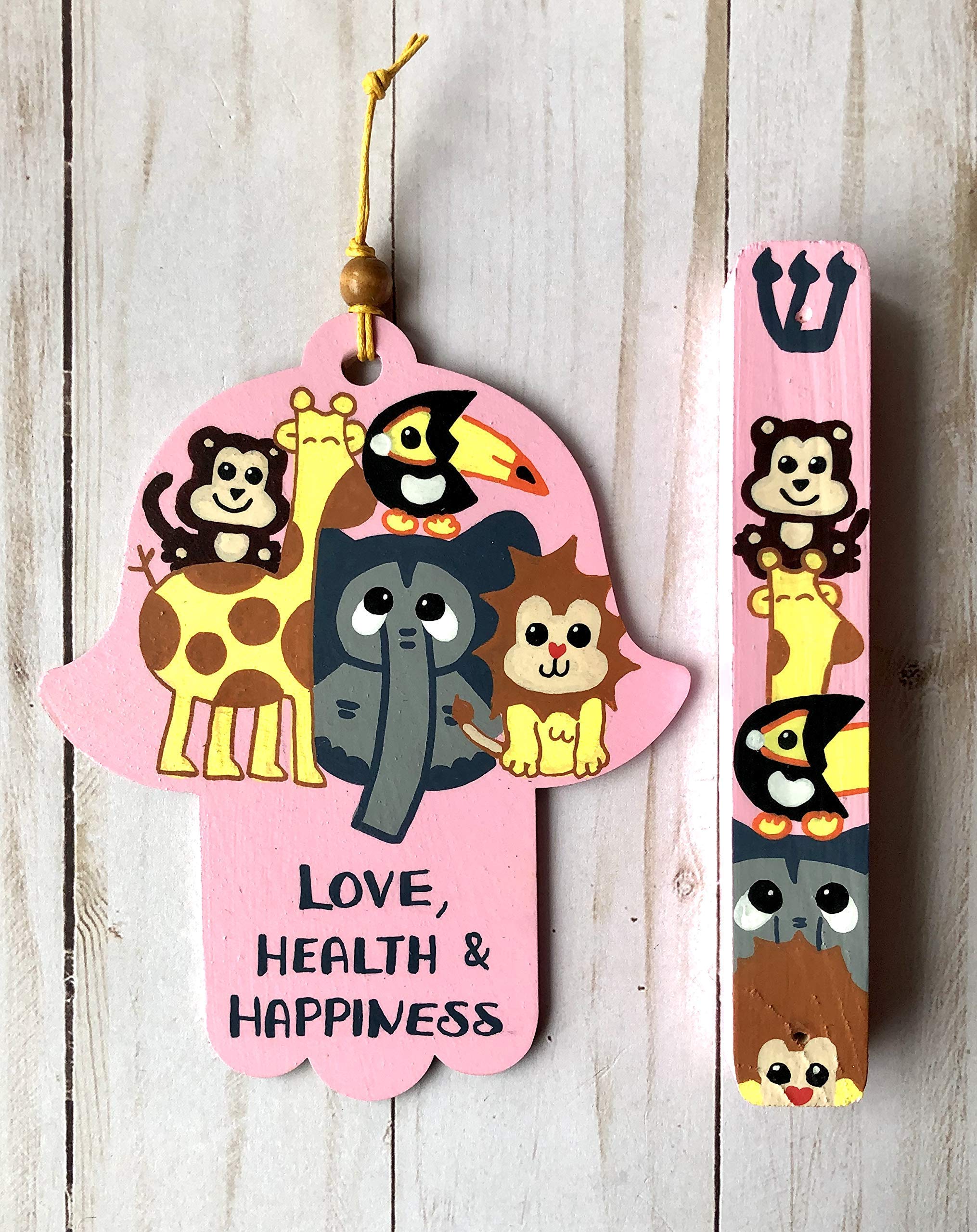Jewish Baby Gift Set - Hamsa & Mezuzah with Kosher Scroll, Zoo Animal Design for Girls - Perfect for Naming Ceremonies, Brit Milah & Newborn Blessings