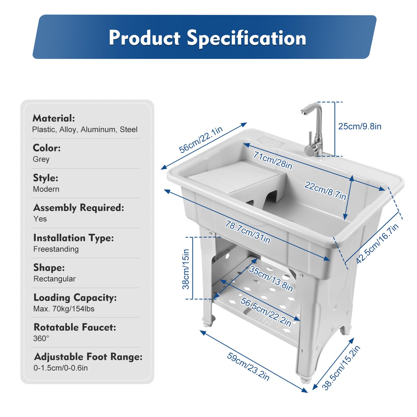 Heavy-Duty Utility Sink with Washboard - 31.5