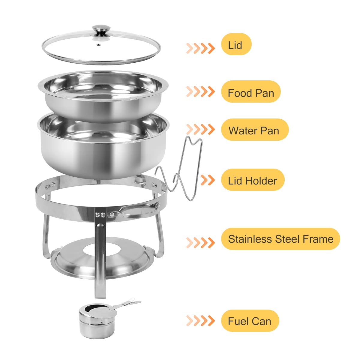 3-Pack Stainless Steel Round Chafing Dish Buffet Set - 4 QT Capacity with Glass Lid & Holder - Catering Food Warmers for Parties, Weddings, Buffets & Events - Perfect for Keeping Food Hot at Banquets, Receptions & Catered Meals