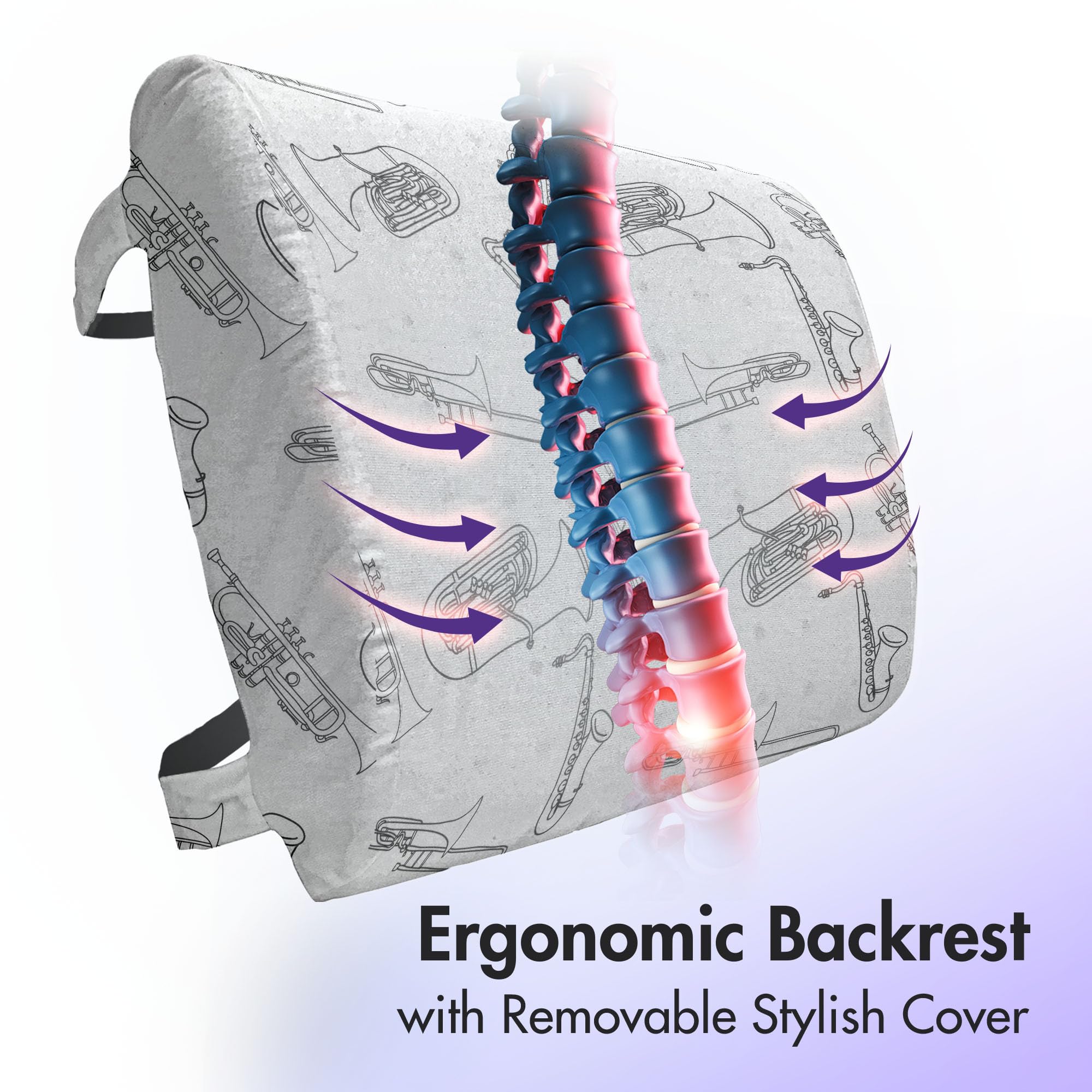 Ambesonne Jazz Music Lumbar Support Pillow - Monochrome Hand-Drawn Trombone Trumpet Design, High-Density Foam for Office Chairs & Car Seats, 14x13 Inches Black & White - Perfect for Back Pain Relief, Long Drives & Work Comfort