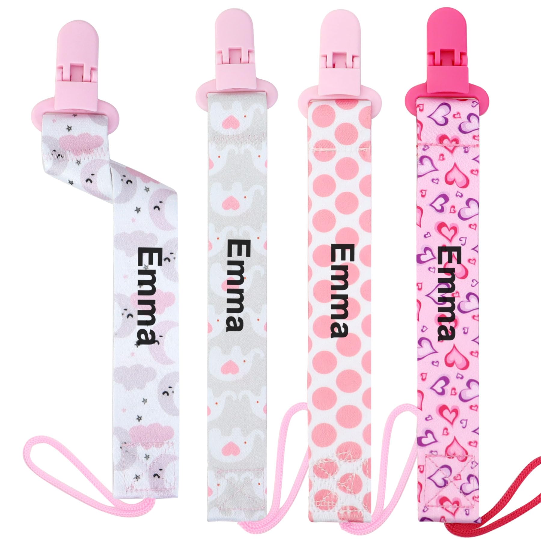 Personalized Pacifier Clips for Girls - Pack of 4 Custom Name Dummy Chains in Pink - Baby Shower Gift, Nursery Essentials & Daily Use for Infants