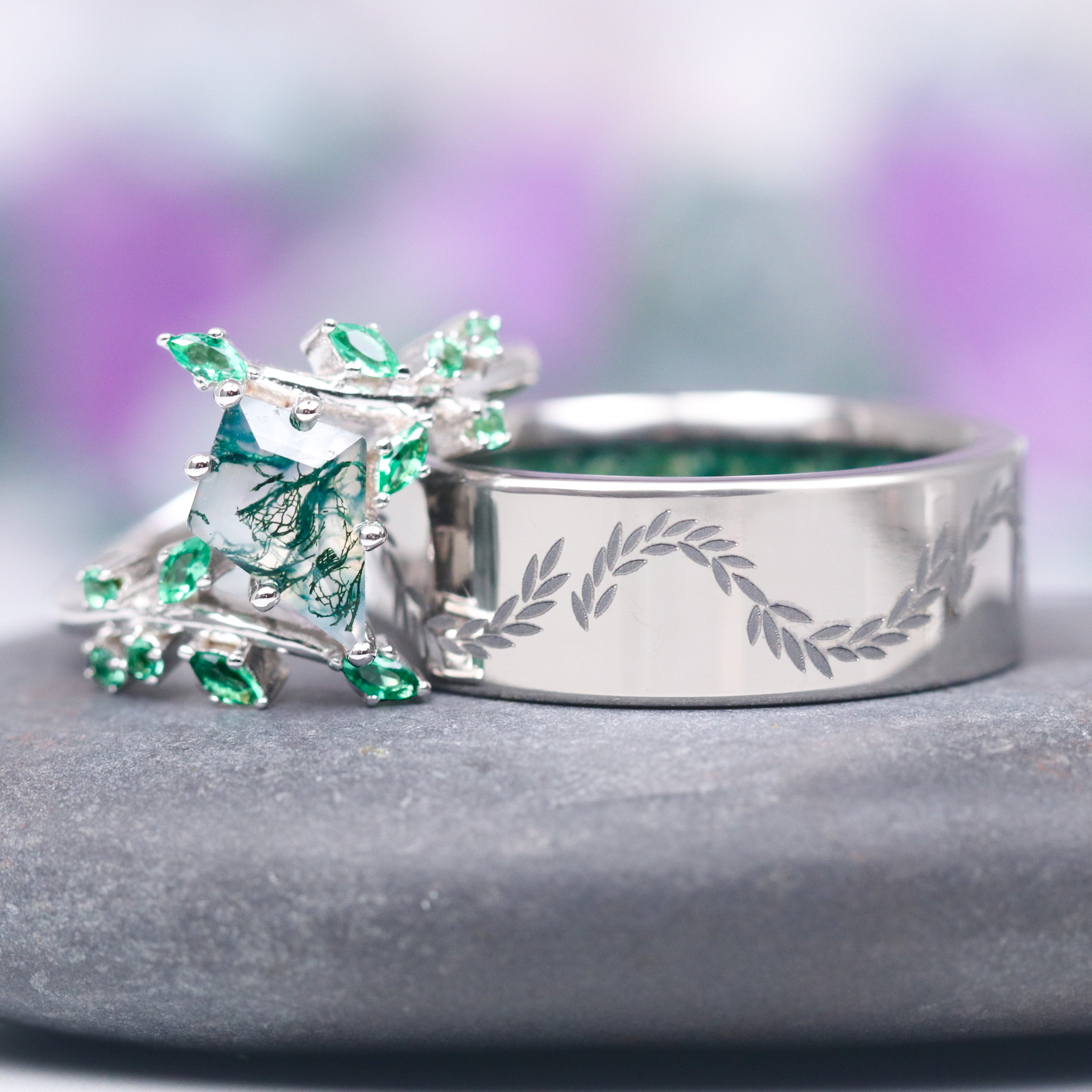 Moss Agate & Emerald Leaf Couple Rings for Women and Men - Handmade Nature-Inspired Wedding Bands, Promise Rings, Anniversary Gifts - Perfect for Outdoor Weddings, Romantic Dates, and Boho Jewelry Lovers