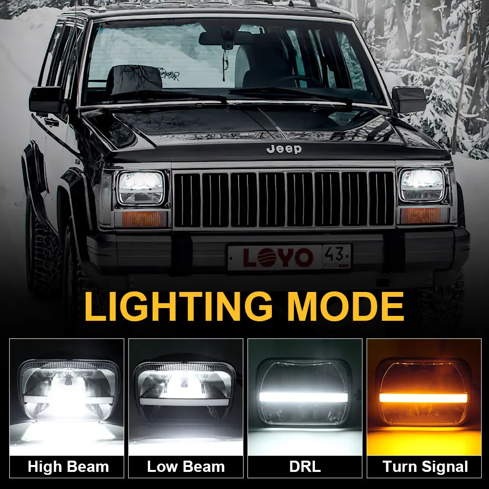 7x6 Inch LED Headlights 5x7 Hi/Lo Beam with White DRL & Amber Turn Signal - Compatible with Jeep YJ, Cherokee XJ - Off-Road, Night Driving, Adventure Lighting Upgrade