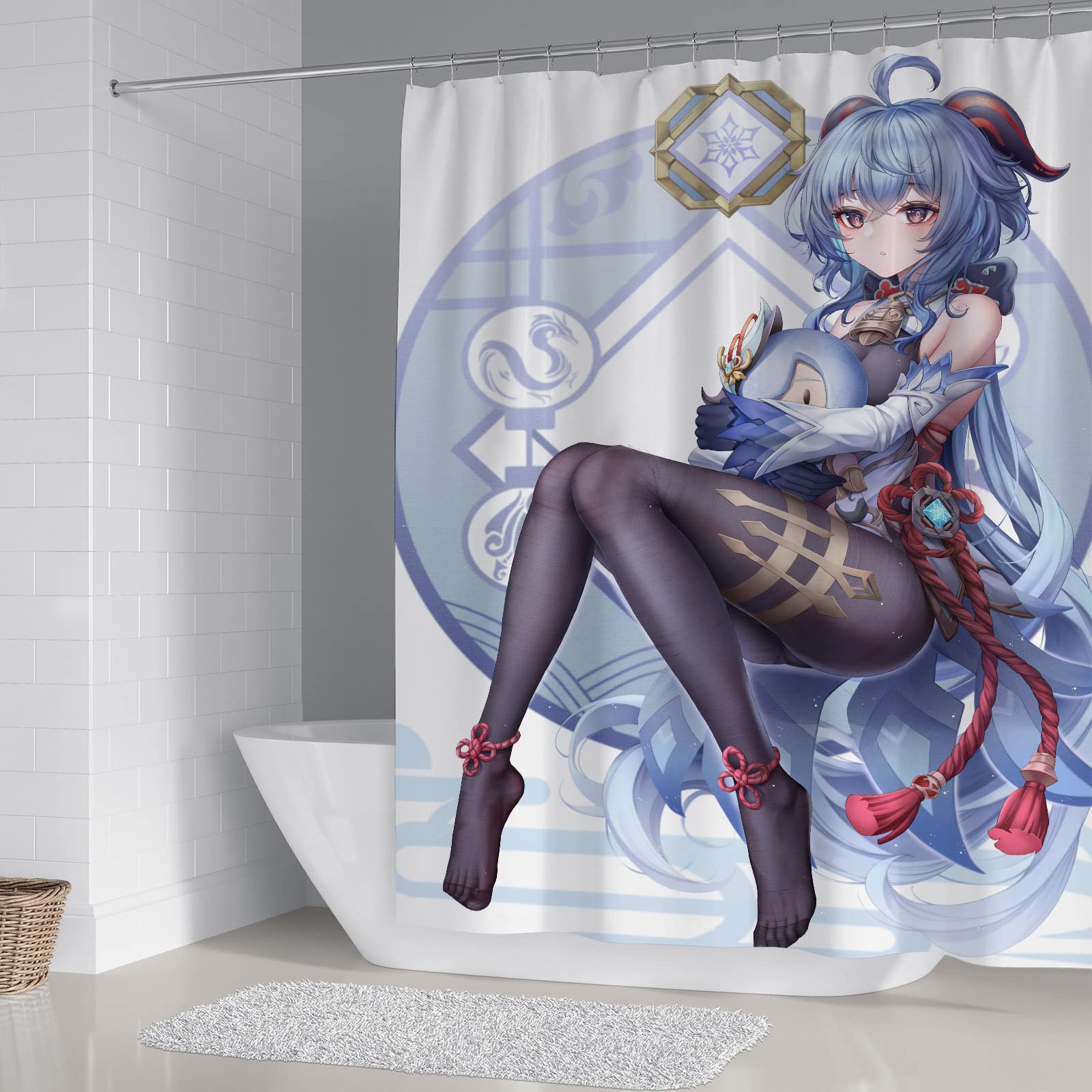 Anime Girl Ganyu Shower Curtain Set with 12 Rust-Resistant Hooks - 72x72 Inches Waterproof Bathroom Decor for Anime Fans & Genshin Impact Lovers - Perfect for Themed Bathrooms & Gift Giving