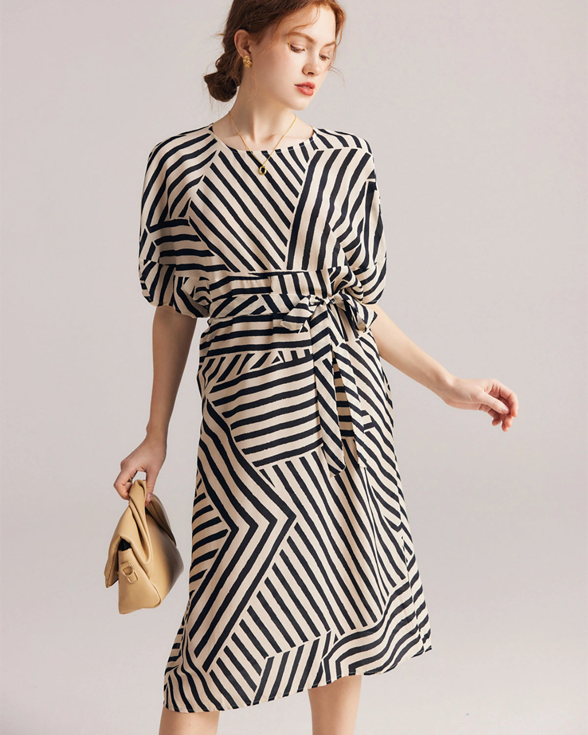 Elegant Women's Striped Belted Silk Dress - Perfect for Office, Party & Special Occasions | Flattering Fit & Comfortable Fabric