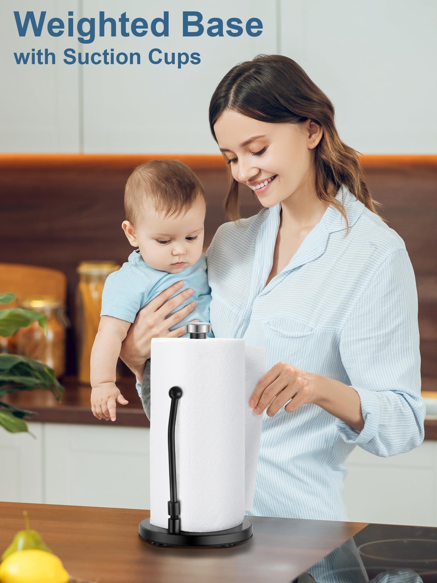 SMARTAKE Stainless Steel Paper Towel Holder with Weighted Non-Slip Base - Spring Arm Fits Most Paper Roll Sizes - Perfect for Kitchen Countertop, Dining Table & Office Break Room (Black)
