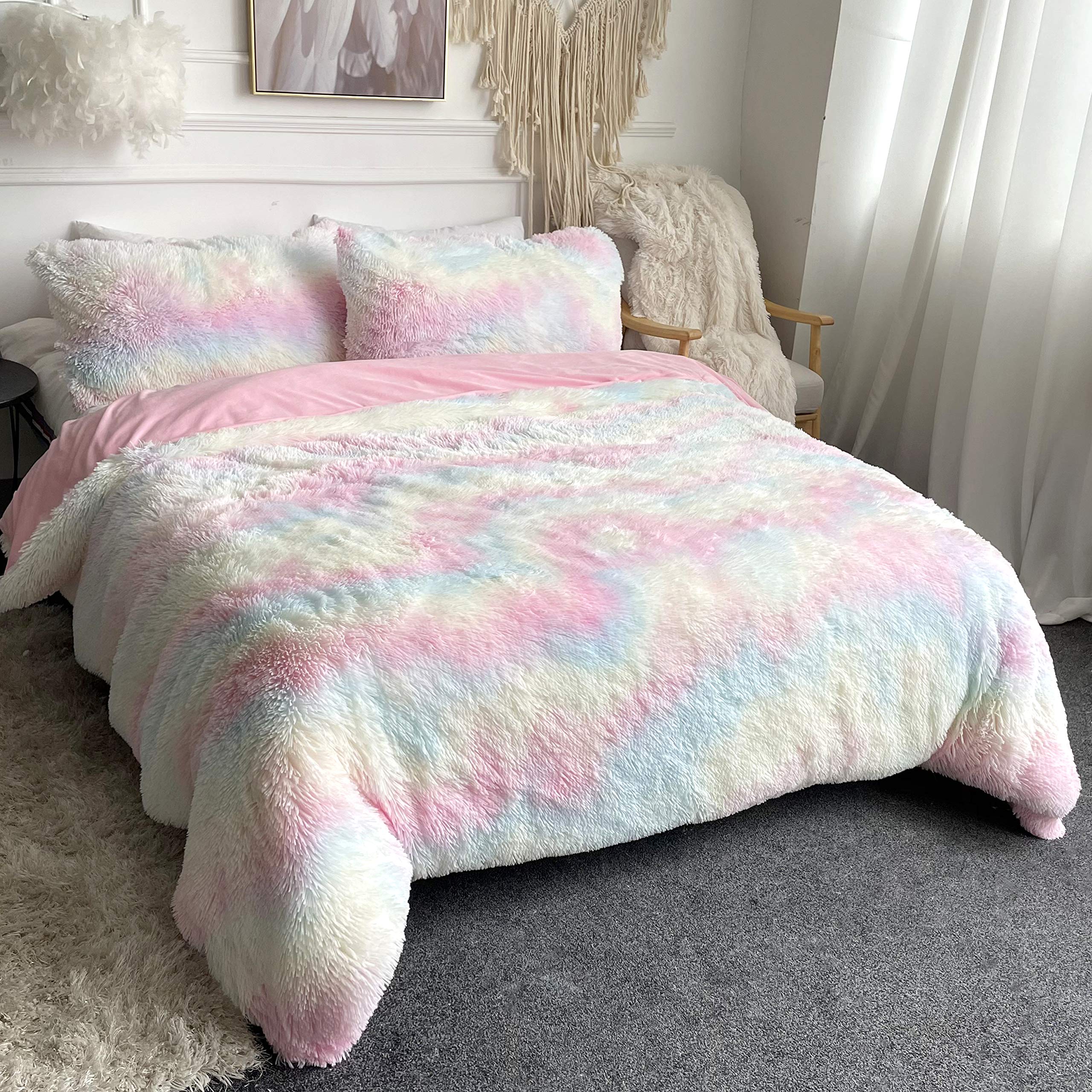 **Sleepwish Plush Shaggy Duvet Cover Set - Ultra Soft Fuzzy Unicorn Bedding Comforter Cover for Girls, Luxury Crystal Velvet & Faux Fur Bed Set with 2 Pillowcases (3PC, Rainbow, King) - Perfect for Kids' Bedrooms, Sleepovers & Cozy Winter Nights**