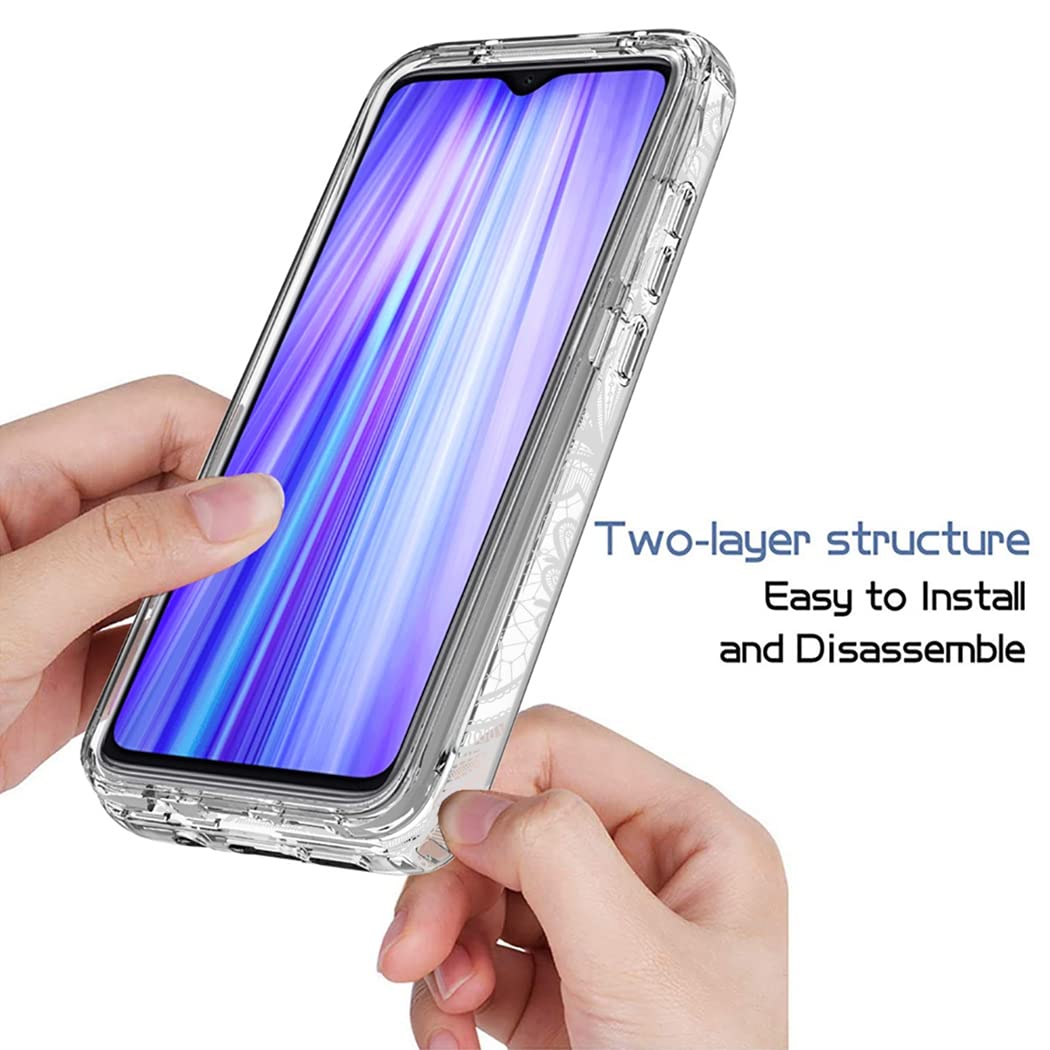 Premium Clear Mandala Phone Case for Xiaomi Redmi Note 8 Pro (M1906G7I) with Tempered Glass Screen Protector - Slim Full Body Protective Cover - Perfect for Daily Use, Travel & Gift Giving