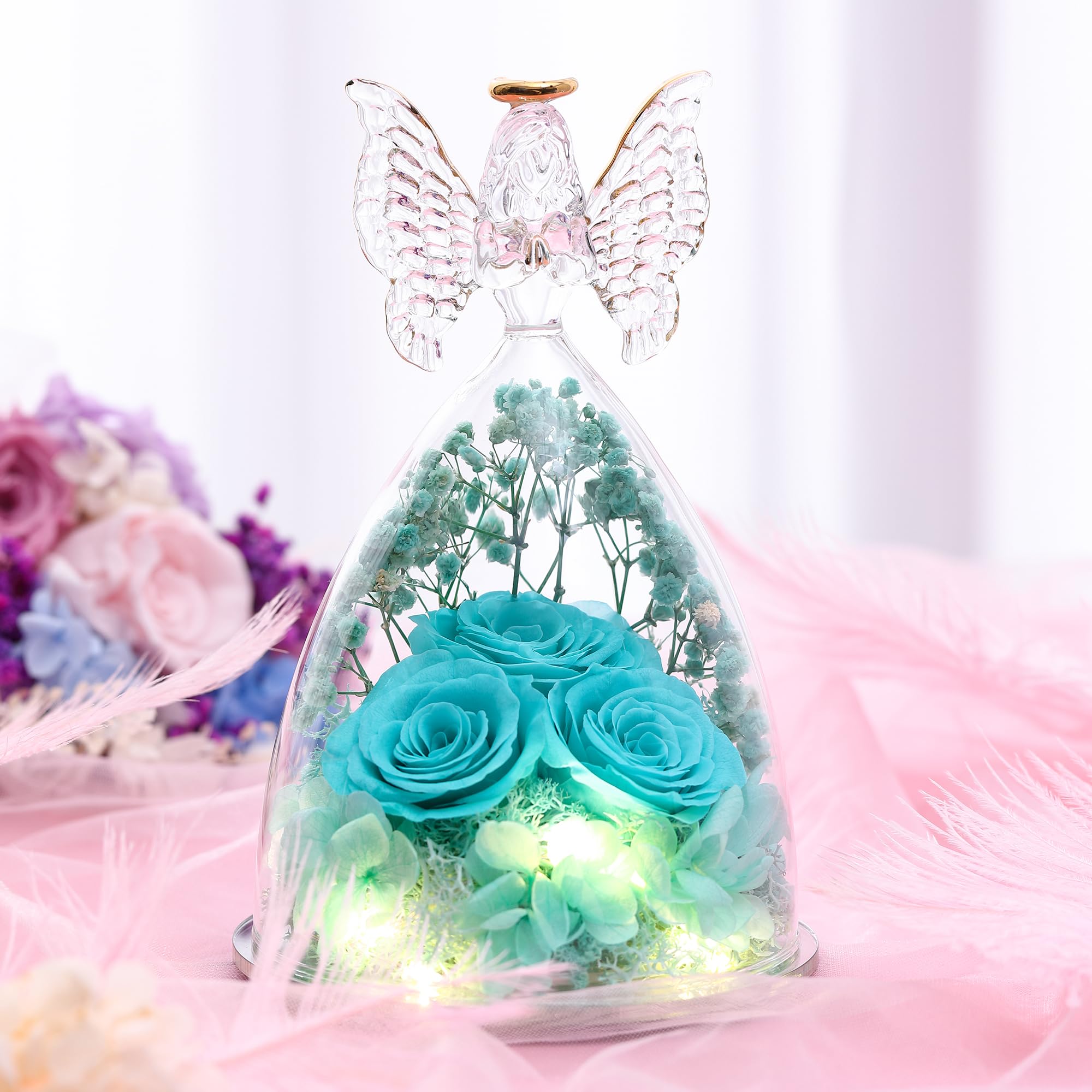 Glass Angel Figurine with 3 Preserved Real Roses - Eternal Rose Gift for Women, Mothers Day Present, Home Decor & Romantic Keepsake - Tify Blue