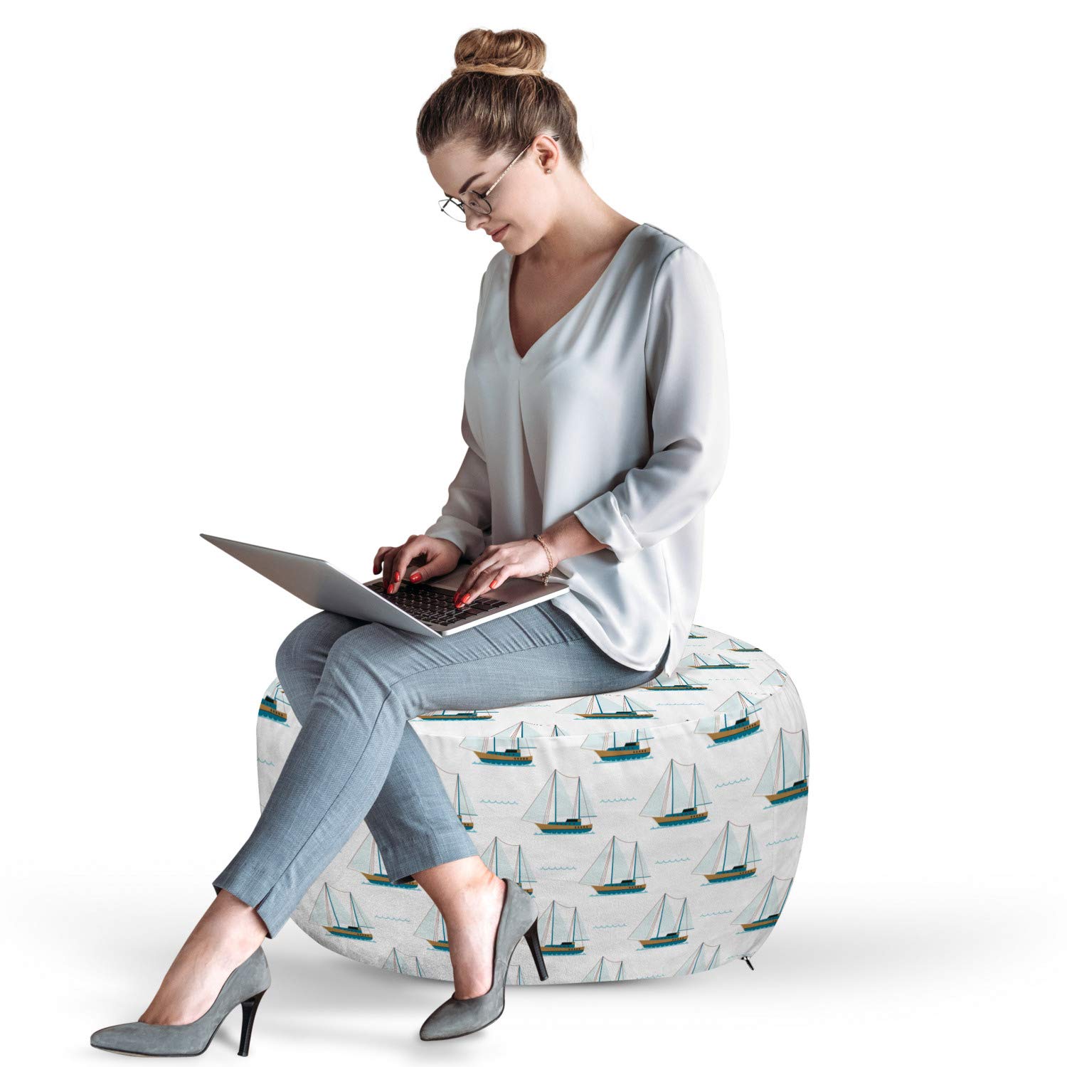 Ambesonne Sailboat Pouf Cover with Zipper - Nautical Travel Sailing Motif Print on White Pale Brown Fabric, 30x17.3 Inch Unstuffed Decorative Pillow Case - Perfect for Coastal Living Room, Beach House Decor & Nautical Theme Bedroom