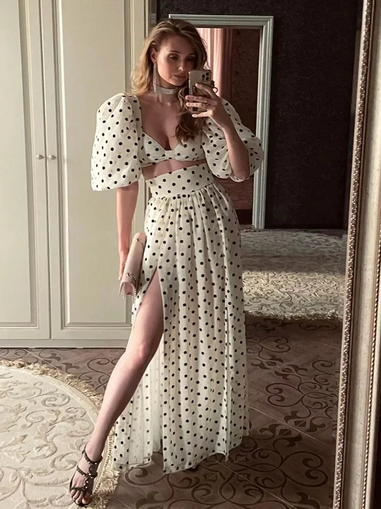 Foridol Vintage Polka Dot Print 2-Piece Women's Summer Matching Set - Maxi Skirt & Beach Dress Outfit for Vacation, Holiday & Casual Wear | Flowy Boho Style for Seaside, Poolside & Summer Parties