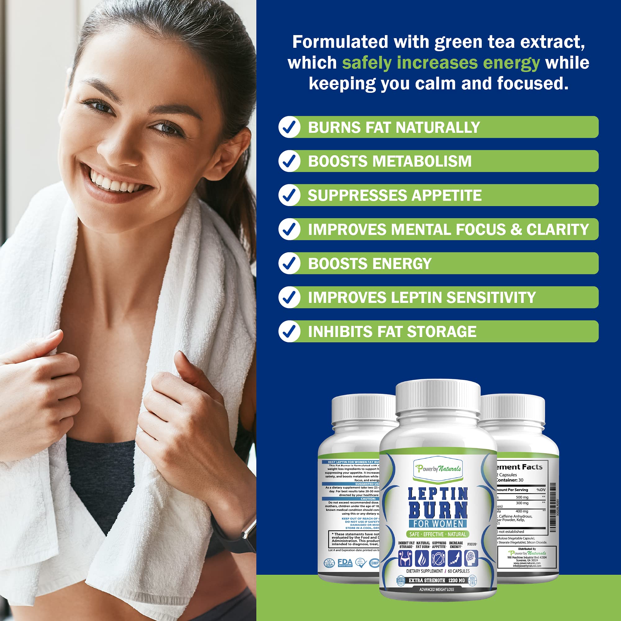 Power By Naturals Leptin Weight Loss Supplements for Women - African Mango, Green Tea & Apple Cider Vinegar Formula - 60 Capsules - Supports Metabolism & Appetite Control - Perfect for Busy Moms & Working Professionals