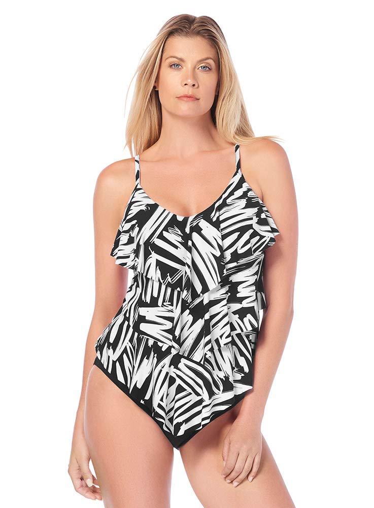 MagicSuit Women's Adjustable Ruffle Tankini Top - Soft Cup Swimwear with Adjustable Straps, Black & White, Size 14 | Perfect for Beach Vacations, Pool Parties & Summer Getaways