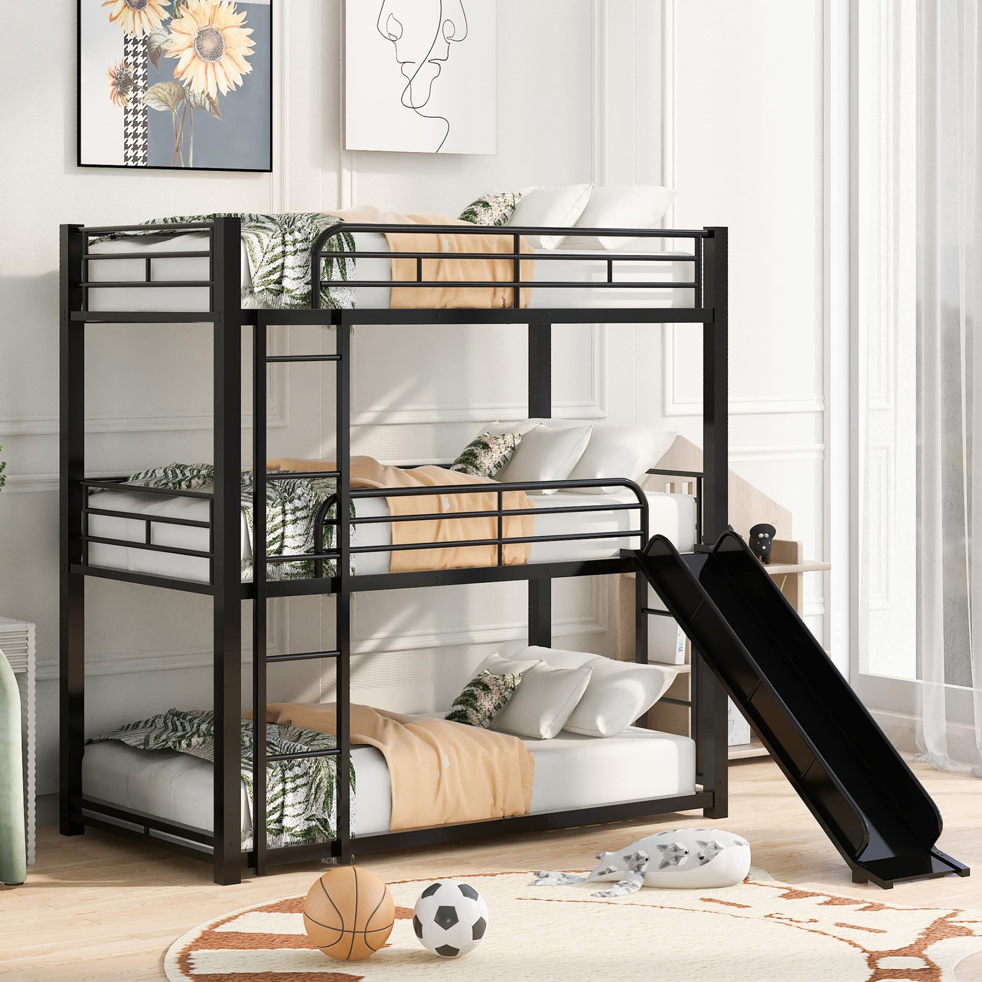 P PURLOVE Metal Triple Bunk Bed with Slide and Ladder - Low Profile Twin Over Twin Over Twin Bunk Bed Frame for Kids, Teens, Boys & Girls - No Box Spring Needed with Full-Length Safety Guardrails (Black) - Perfect for Small Bedrooms, Shared Kids Rooms & Vacation Homes