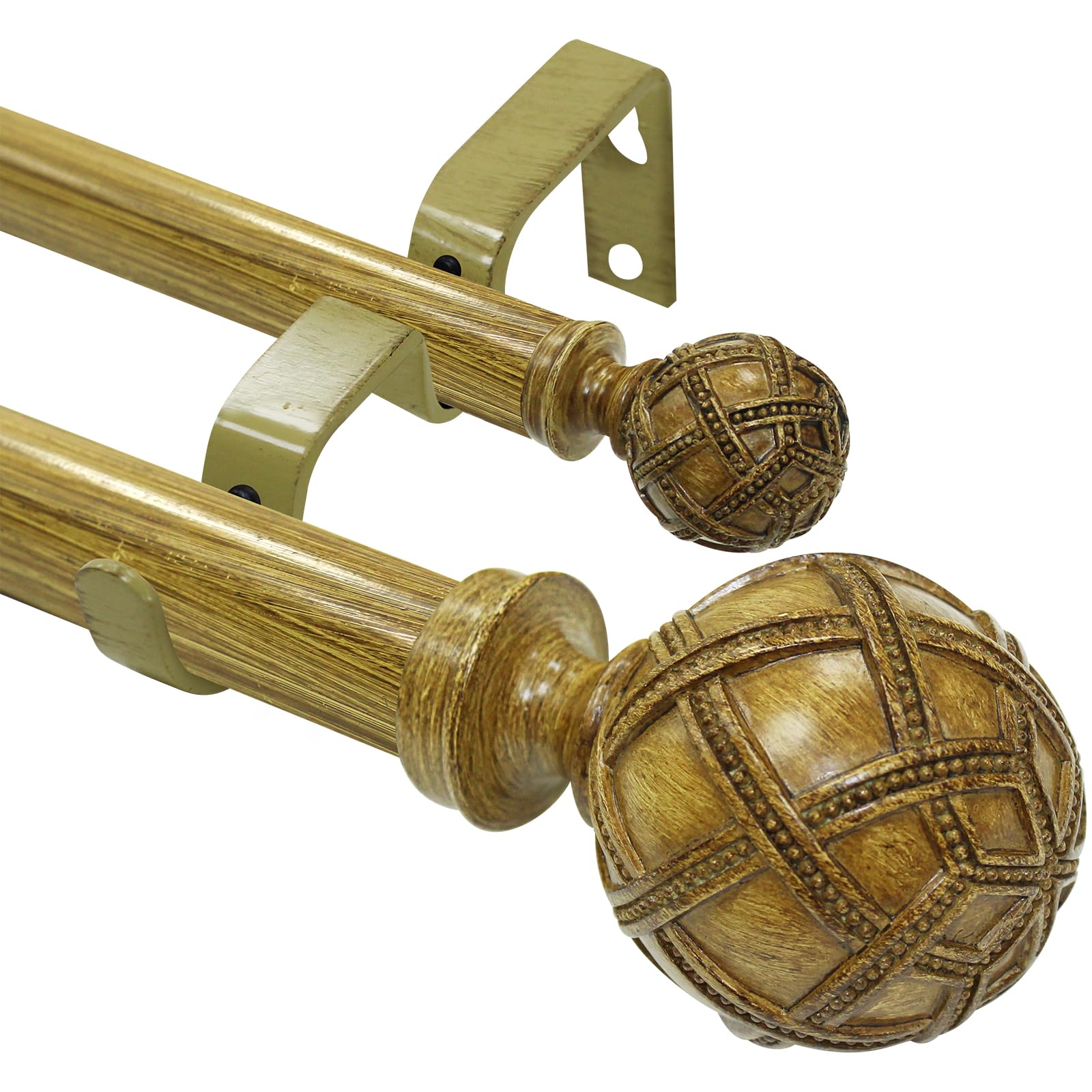 Ycolnaefllr 1 Inch Double Curtain Rod Set - Adjustable 66 to 120 Inches for Windows, Heavy Duty Drapery Rod with Resin Finials & Holdbacks (Burlywood) - Perfect for Living Room, Bedroom & Home Decor