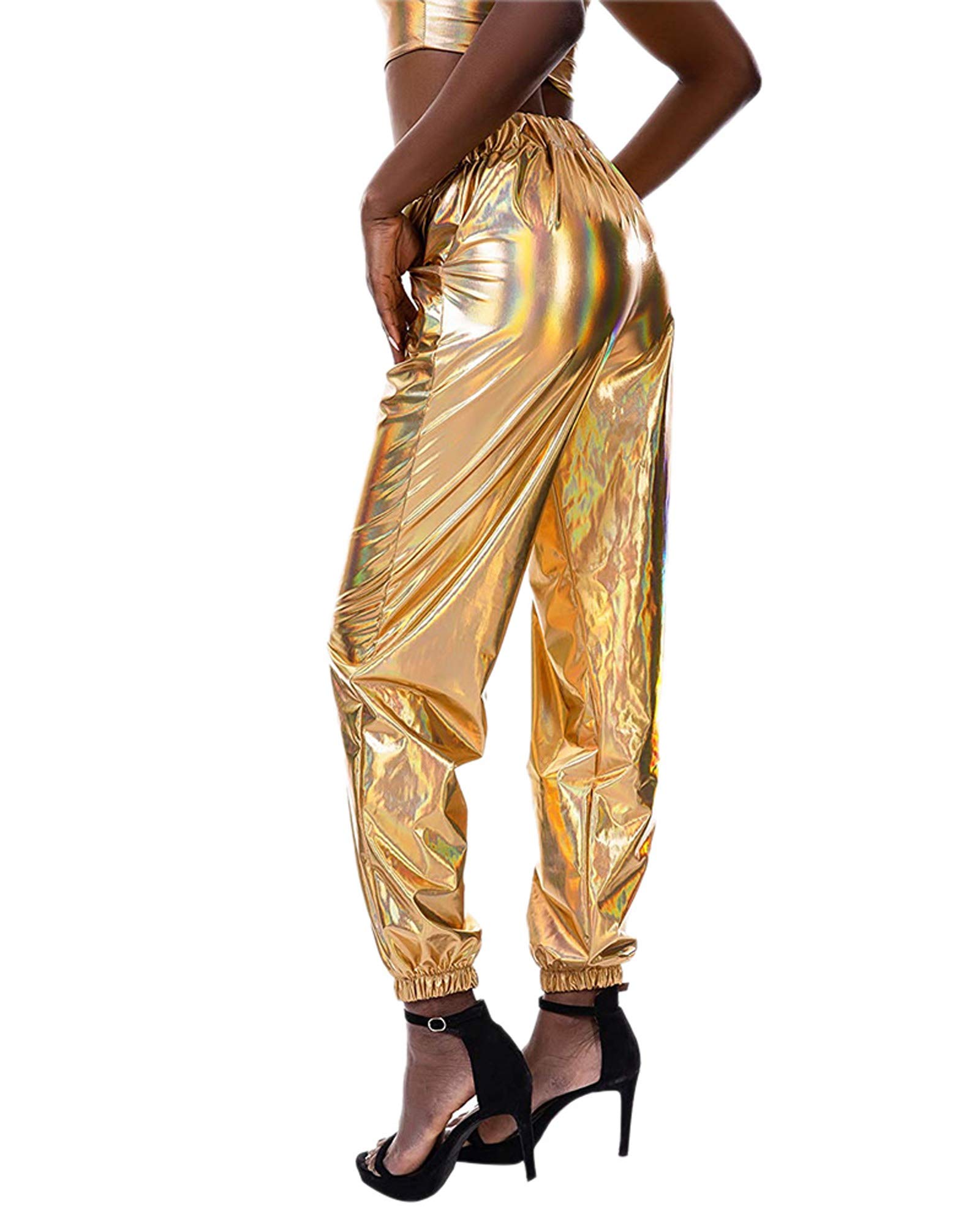 Springcmy Women's Metallic Shiny Holographic Jogger Sweatpants - Punk Hip Hop Casual Streetwear Pants for Yoga, Running, and Night Out Fashion