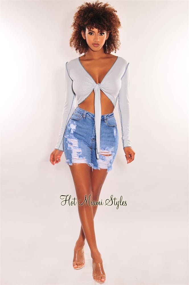 Baby Blue Ribbed Exposed Seams Tie Up Long Sleeve Top for Women | Casual & Chic Knit Shirt | Perfect for Date Night, Office Wear & Weekend Outfits