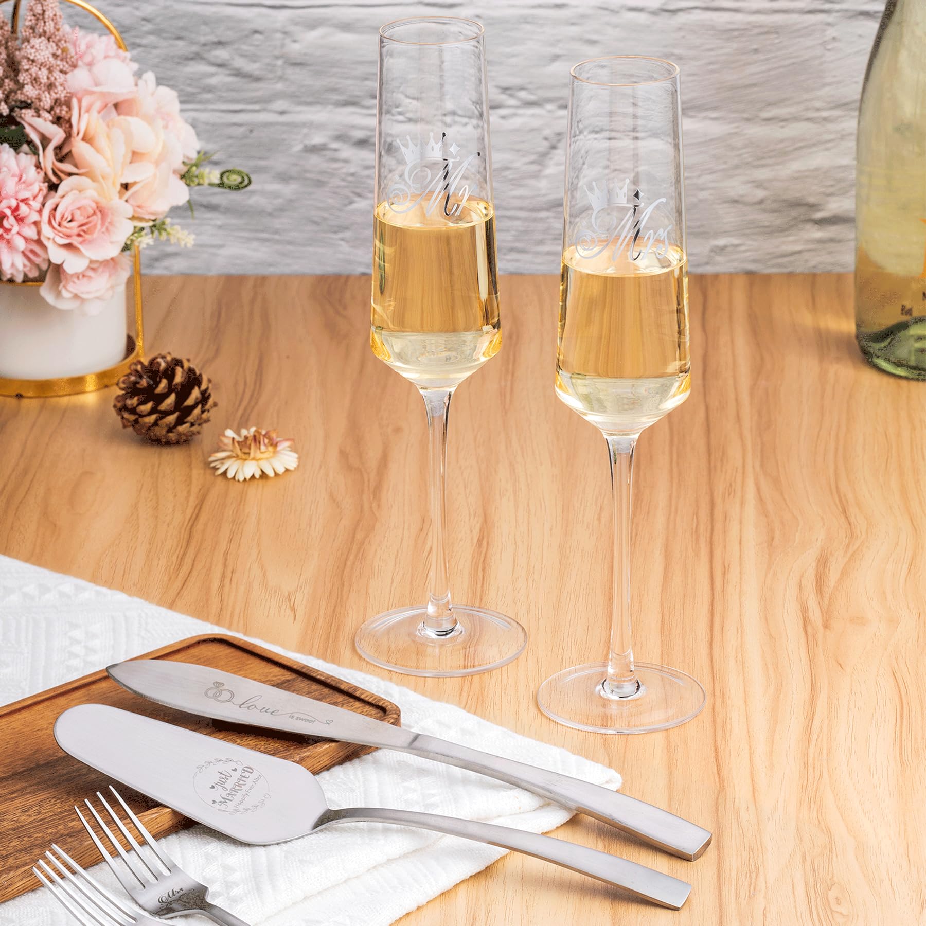 Elegant Wedding Cake Knife & Server Set with Mr & Mrs Champagne Flutes - Premium Cake Cutting Set with Forks for Weddings, Anniversaries & Engagements - Perfect Bridal Shower Gift for Couples (Romantic Ceremony & Reception Use)