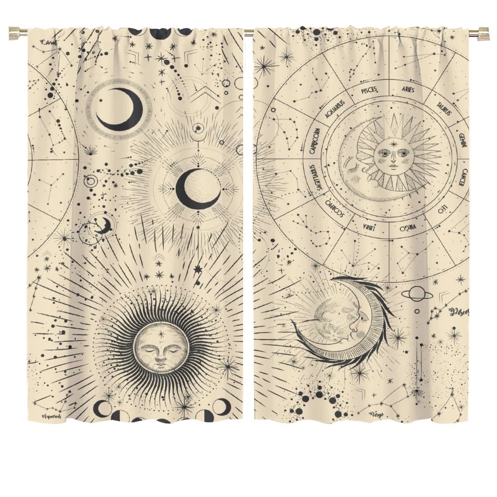 Bohemian Sun Moon Star Print Curtain - Celestial Planet Constellation Design for Living Room & Bedroom - 72x63 Inch Blackout Window Drapes - Perfect for Boho, Hippie, or Space Themed Home Decor