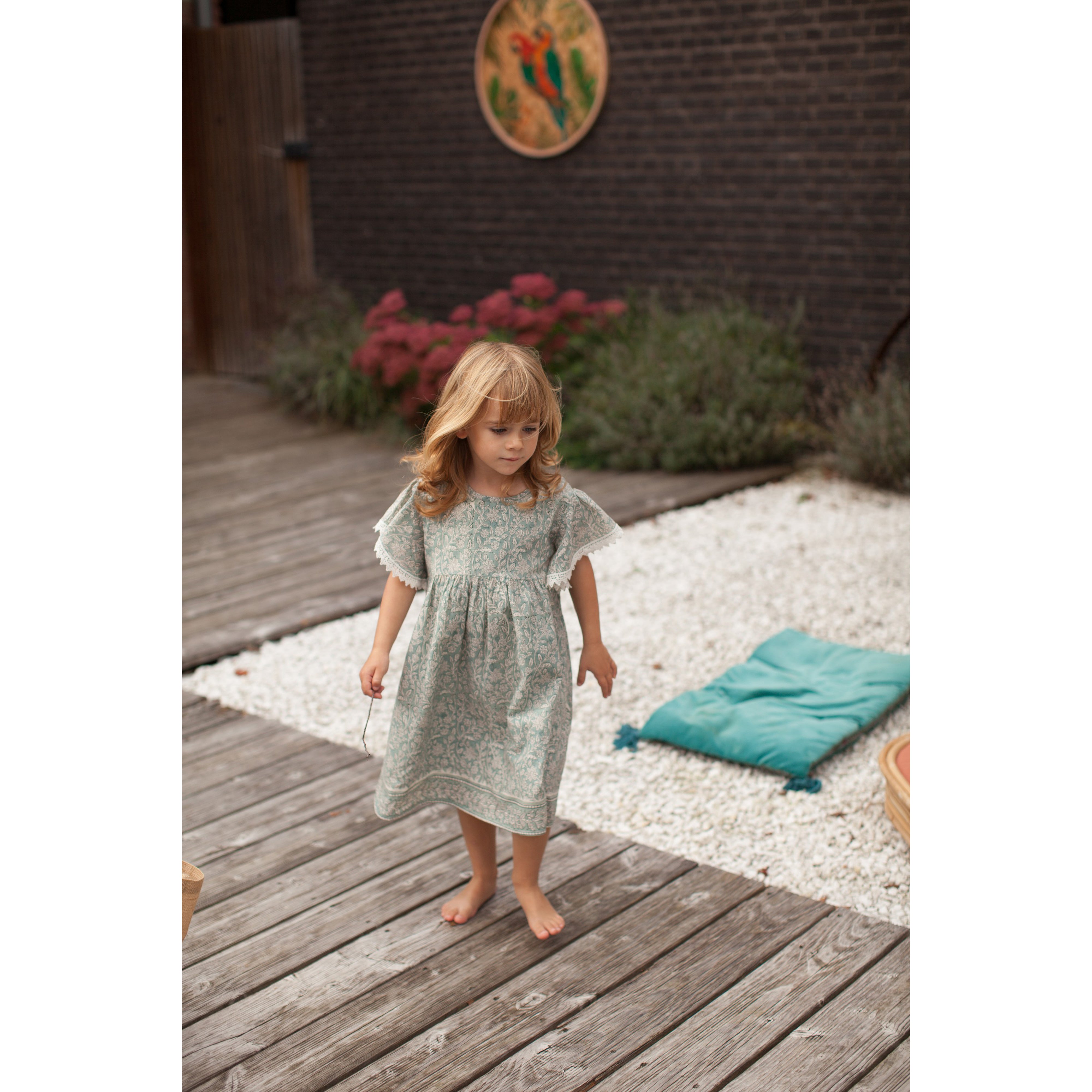 Bonheur du Jour Paris Baby & Girl Dress - Blue & Green Floral Print, Elegant & Comfortable for Parties, Photos & Special Occasions