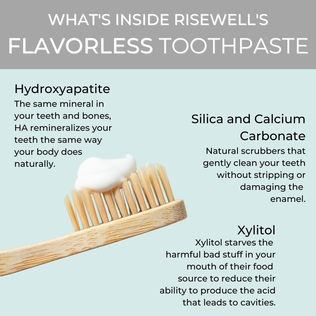 RiseWell Mineral Unflavored Hydroxyapatite Toothpaste for Sensitive Teeth - Fluoride-Free, SLS-Free, Dentist-Formulated Whitening Toothpaste (3.4oz, Made in USA) - Perfect for Morning Routine & Travel-Friendly Oral Care