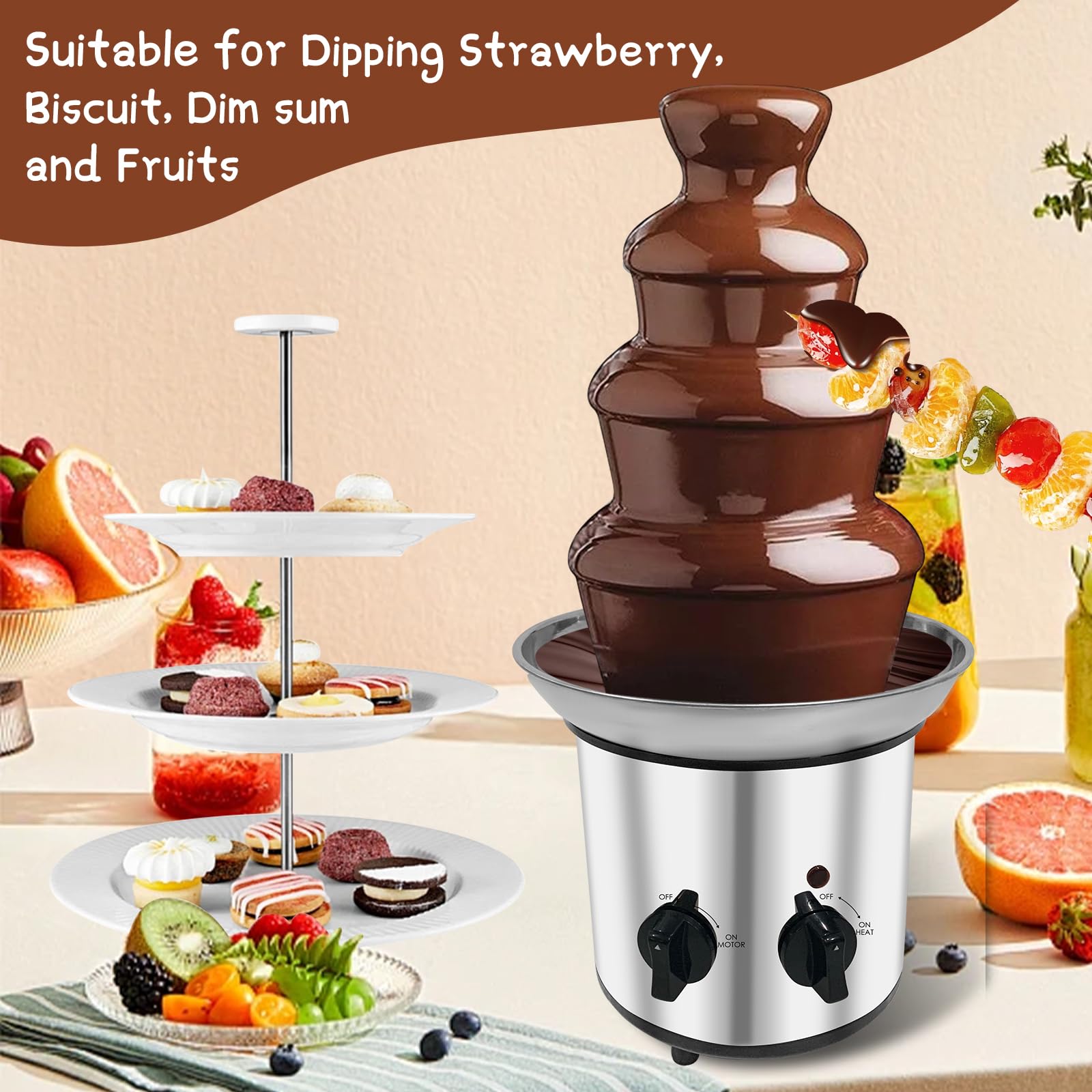 4-Tier Stainless Steel Chocolate Fountain Machine - Electric Fondue Warmer with 4-Pound Capacity for Chocolate, Cheese & Butter | Perfect for Weddings, Parties, Catering & Dessert Buffets