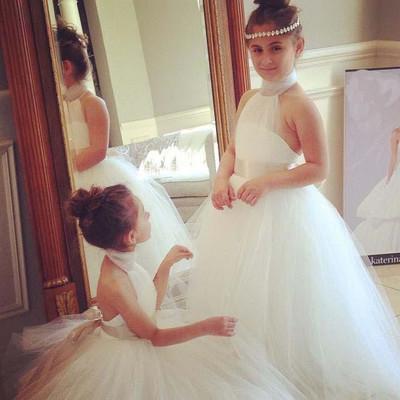 Cute Tulle Flower Girl Dress with Belt - Halter Backless Fluffy Design FG007 for Weddings, Parties & Special Occasions
